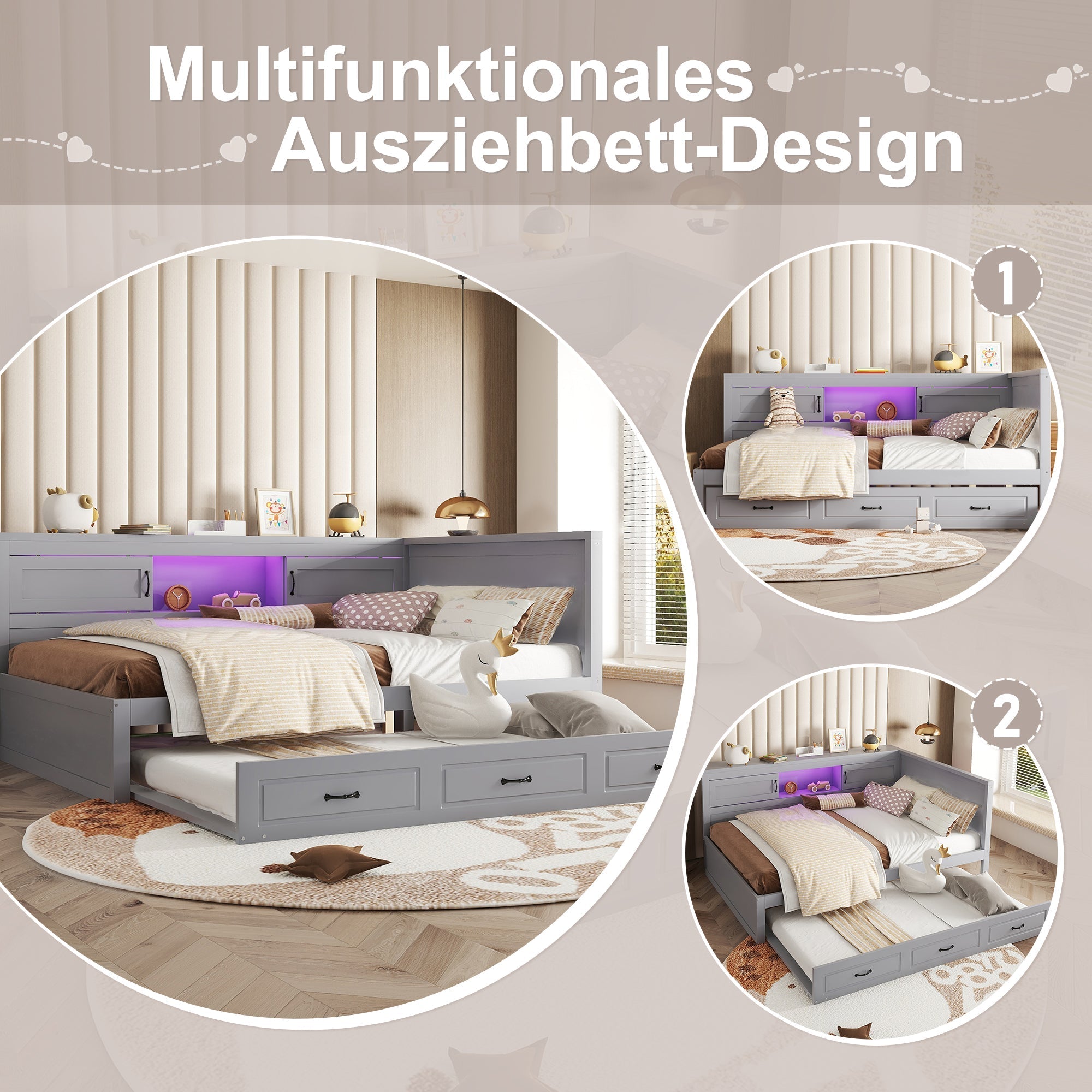Sofa Bed Daybed 140x200cm Pull-out Bed LED Storage USB/Power Outlet - Grey