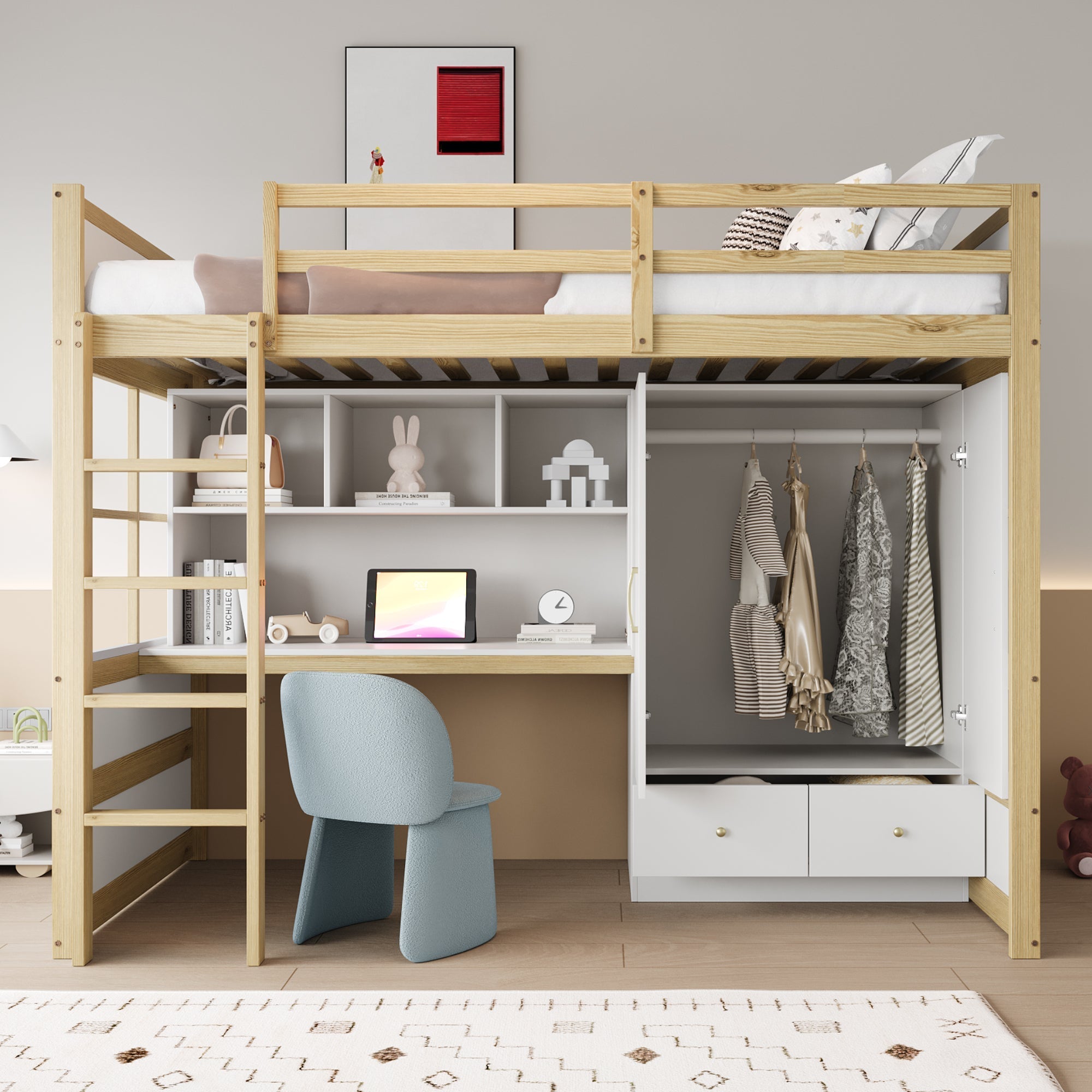 Loft Bed, 90x200cm with Ladder, Desk, Wardrobe & Drawers, Wood Color