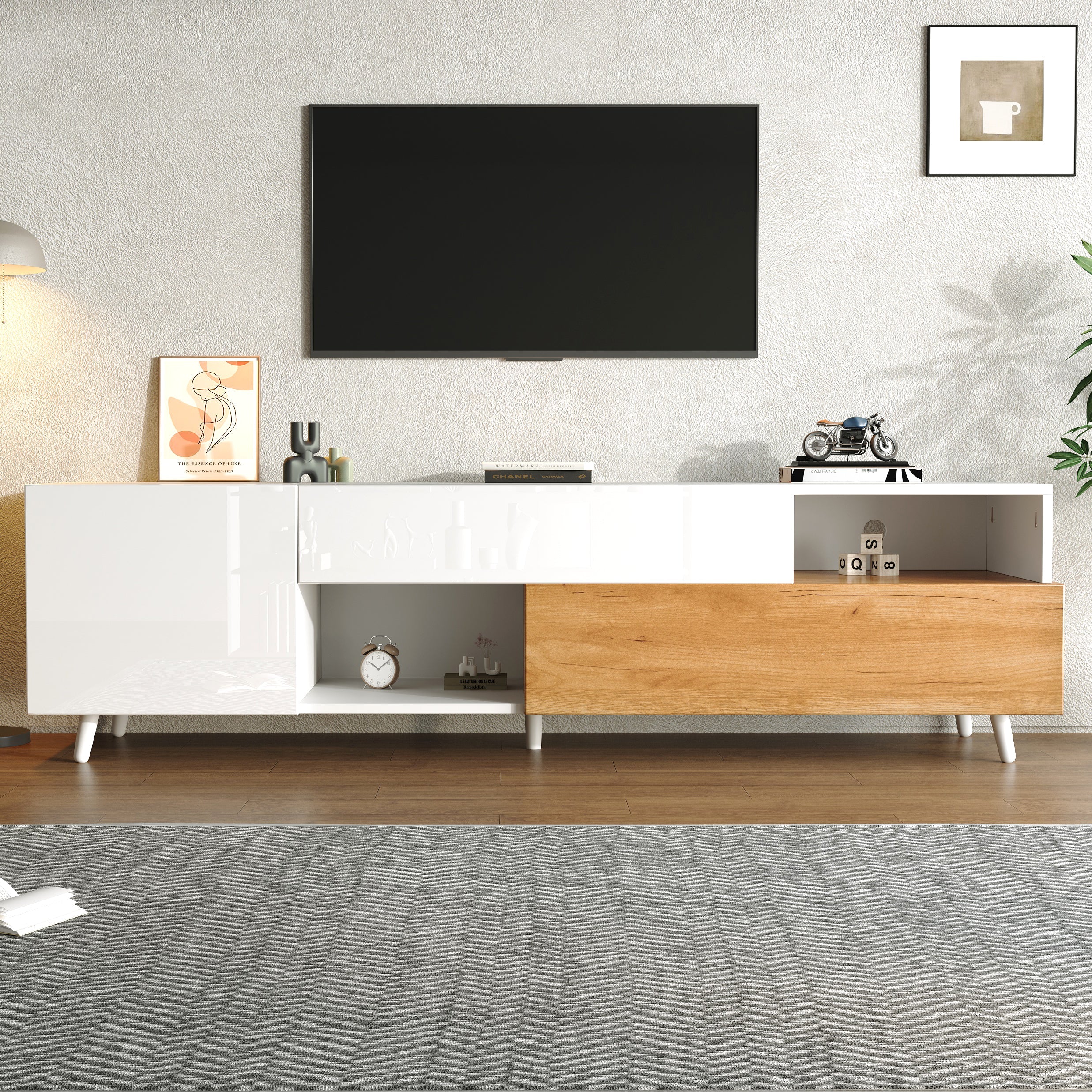TV Cabinet, 180cm Lowboard with 1 Drawer & 7 Compartments, High-Gloss Finish