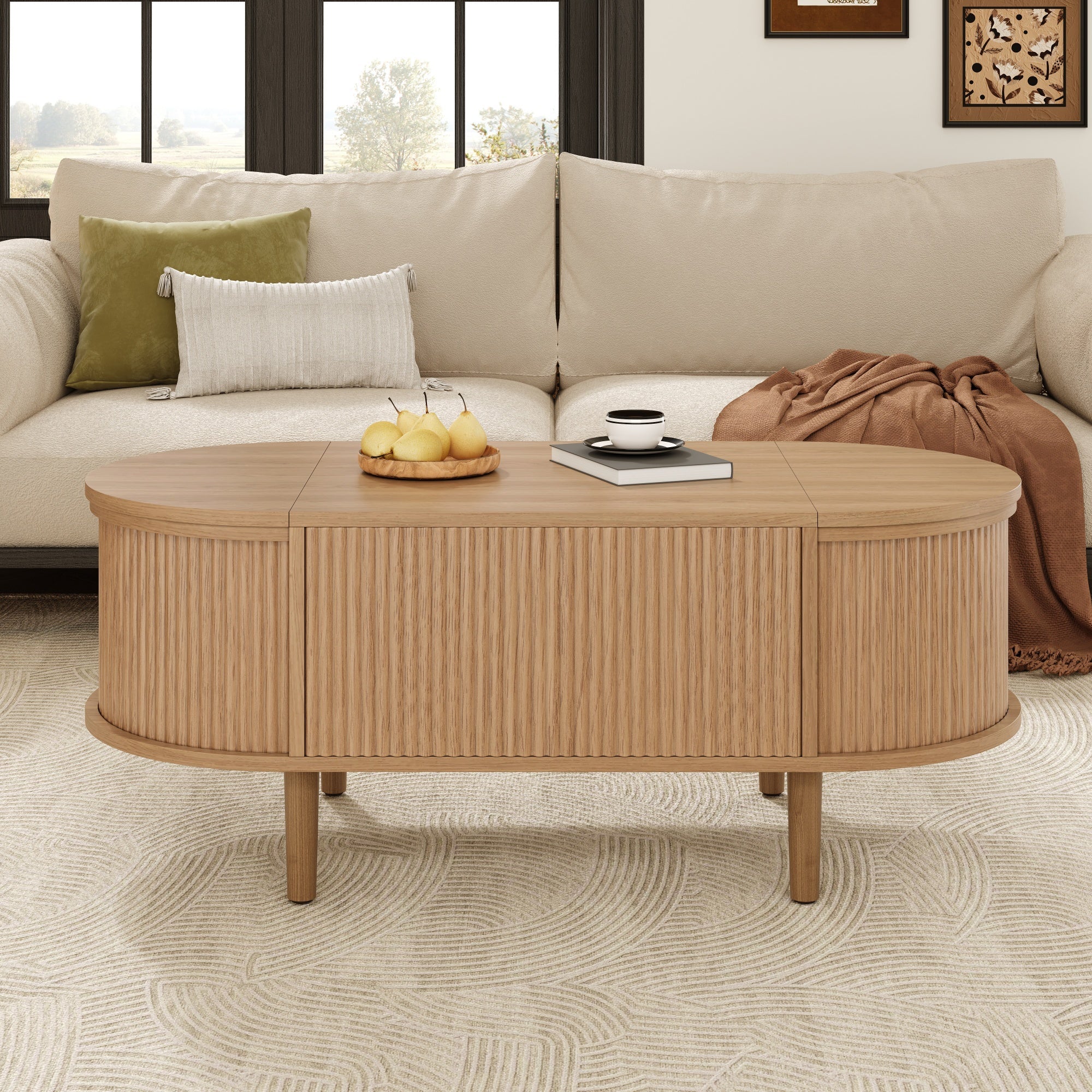 Oval Adjustable Coffee Table with Storage and Multifunctional Design, Vintage Style, Solid Wood Legs