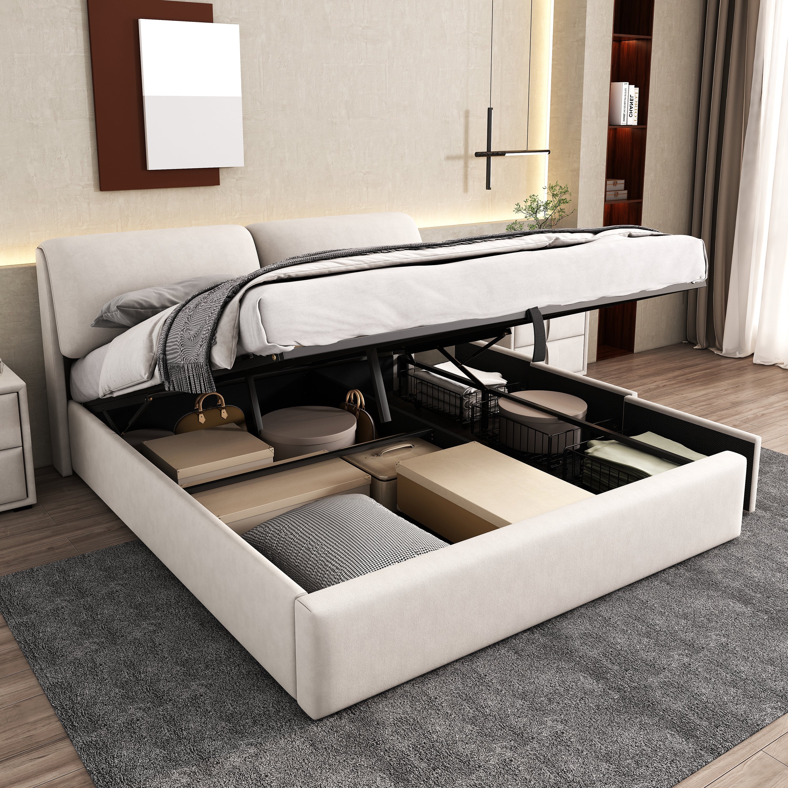 Upholstered Bed with Hydraulic Storage and 3 Drawers, 180x200cm, Beige Velvet