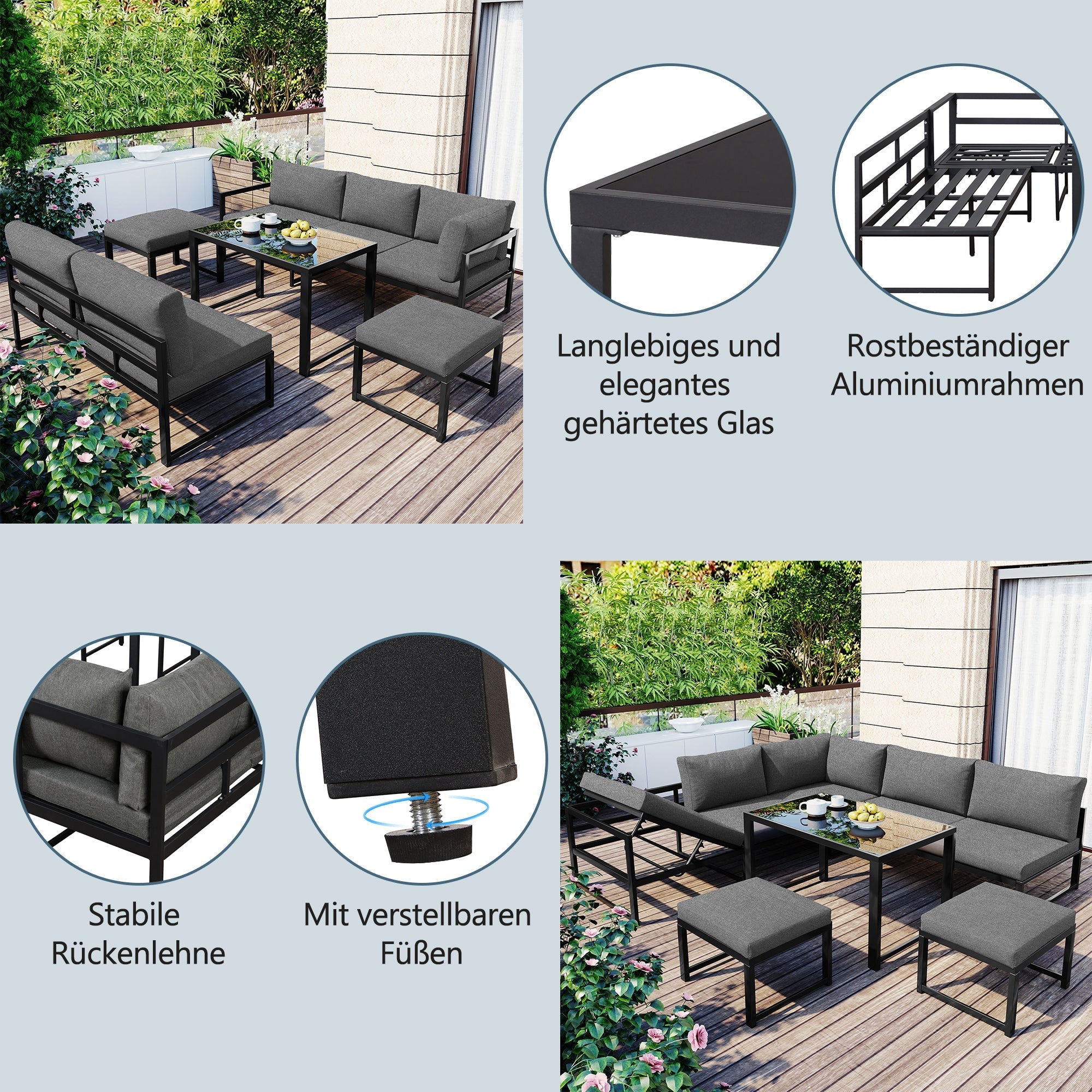 Garden Lounge Chair Set Aluminum 4-Way Reclining Adjustable Backrest with Cushions - Grey