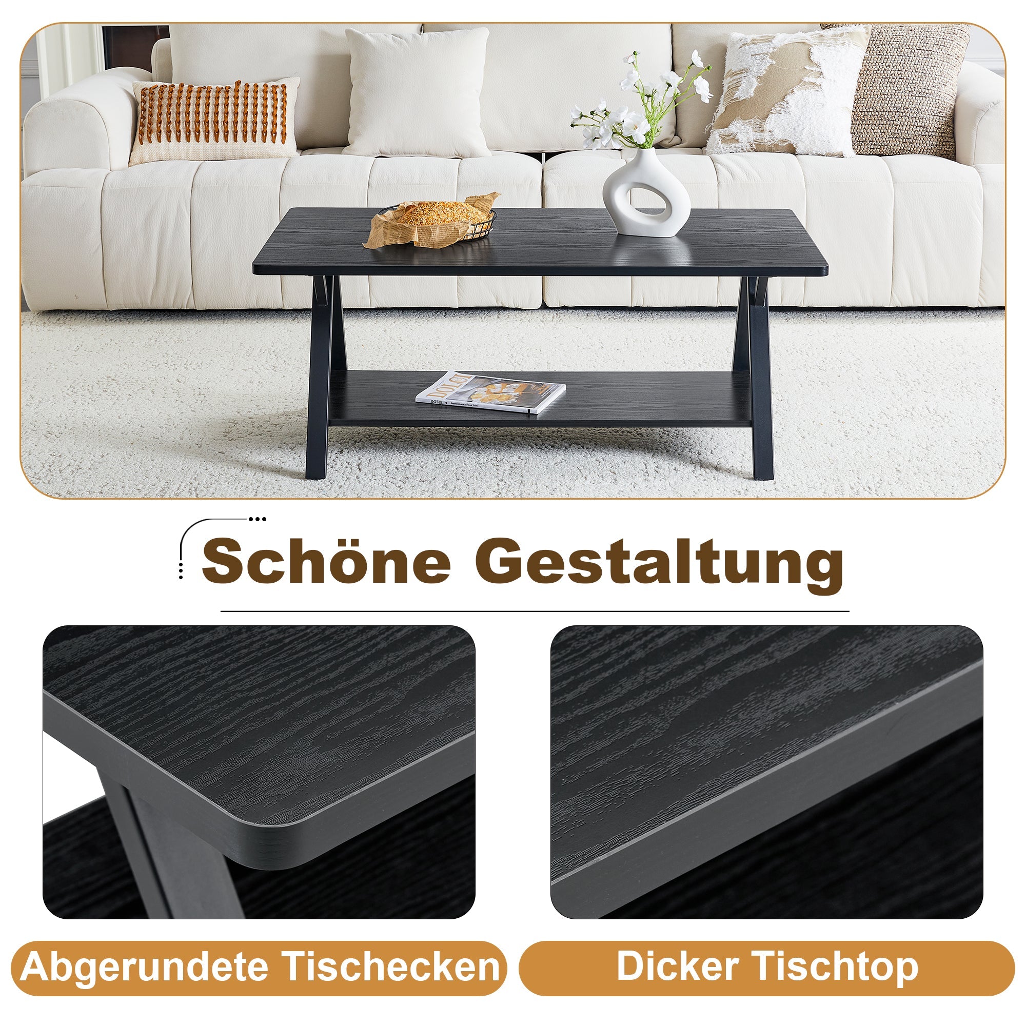 Modern Industrial Coffee Table with Storage Shelf and Metal Frame, 110x57x44.5cm, Black Wood Grain
