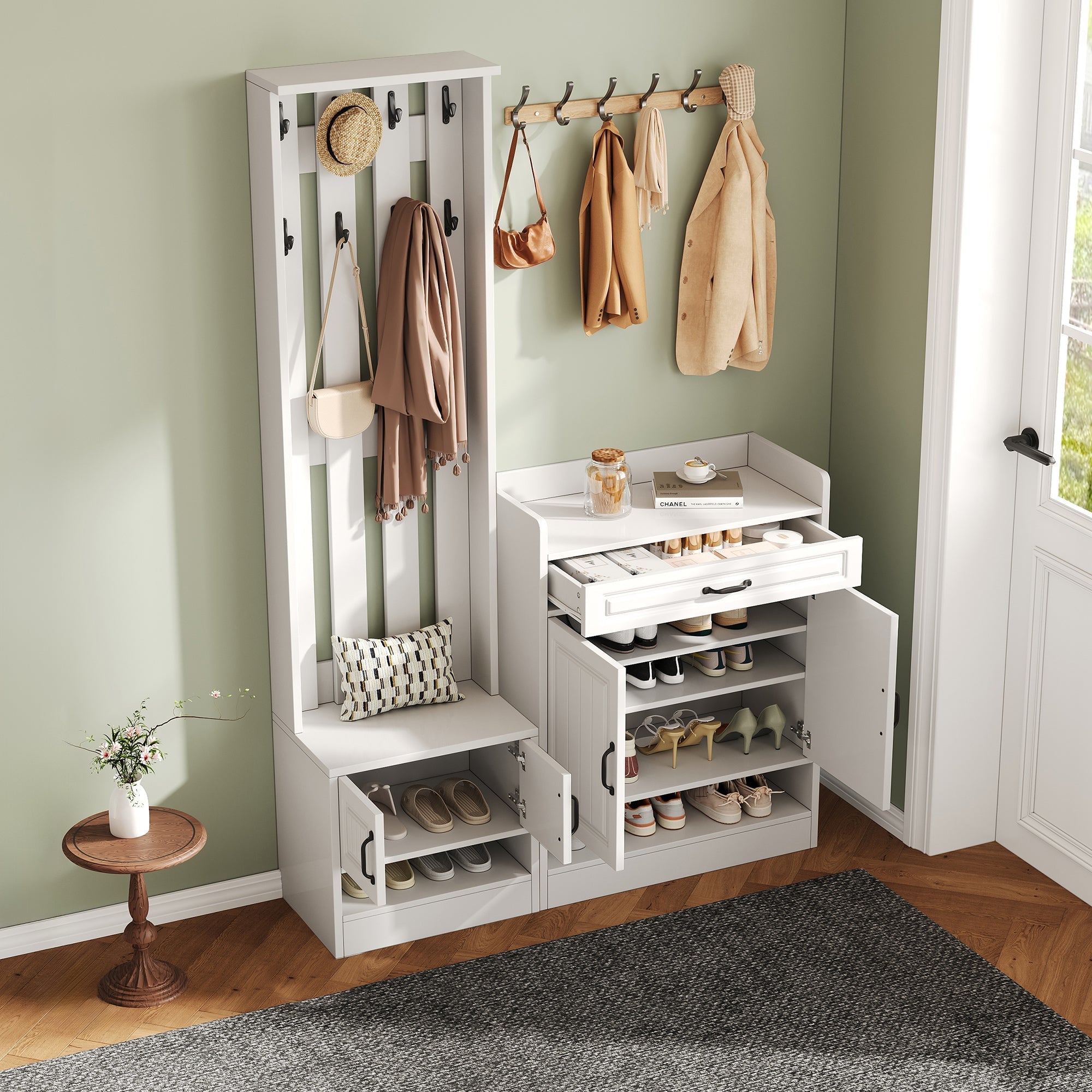 Wardrobe Set with Shoe Bench & Rack, 8 Hooks, 4 Doors, 1 Drawer - White