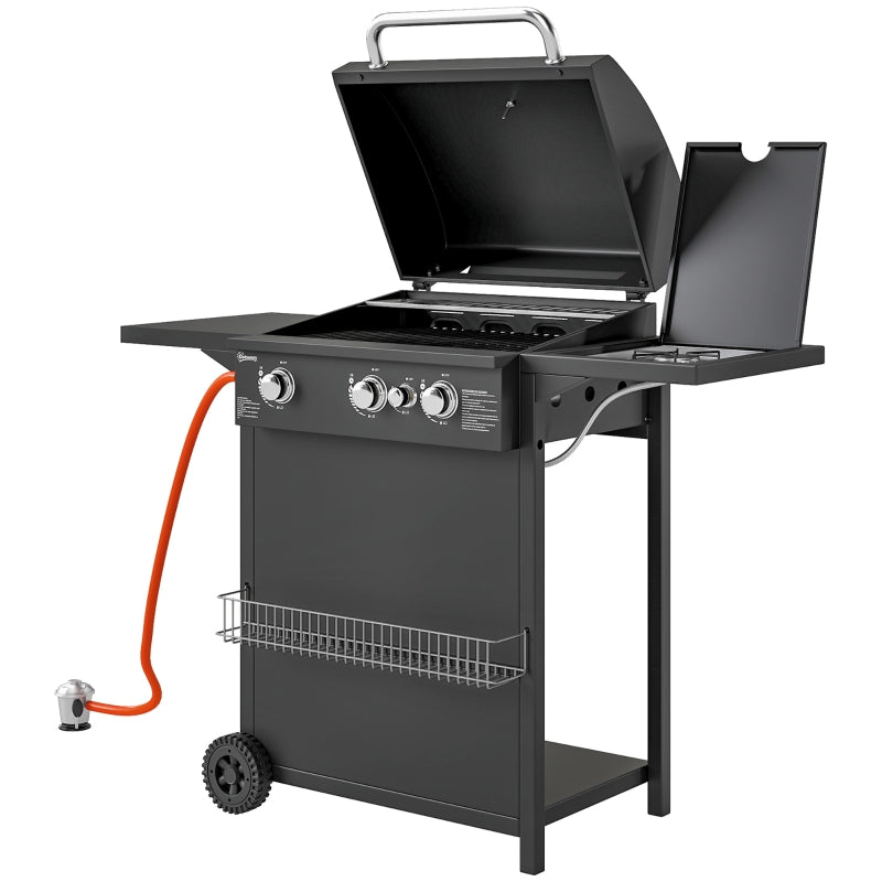 Gas Grill Cart 9.5 kW, 4 Burners, Side Burner, Thermometer, Side Shelves