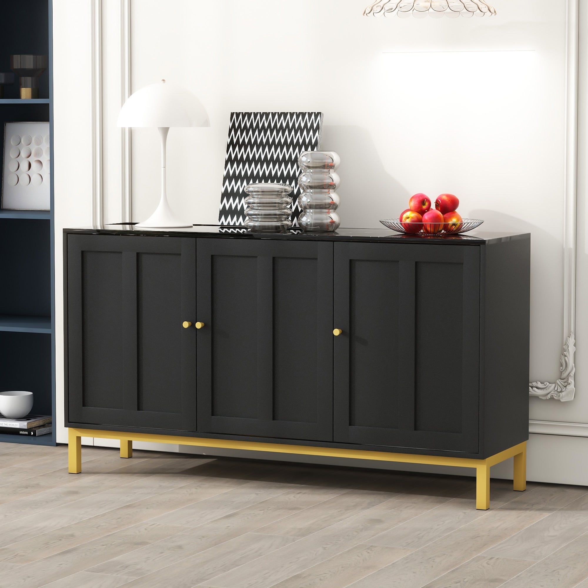 Sideboard, 3-Door with Marble Tabletop, Black