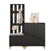 Wardrobe Set, Shoe Bench, Hooks, Drawers & Doors, Black Particleboard