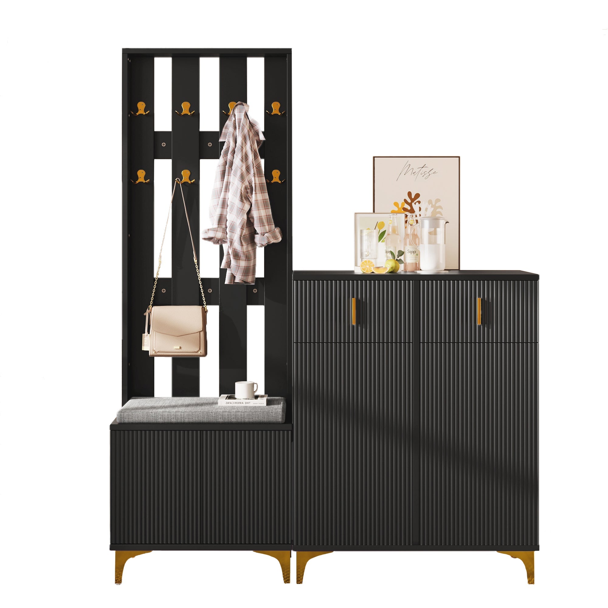 Wardrobe Set, Shoe Bench, Hooks, Drawers & Doors, Black Particleboard