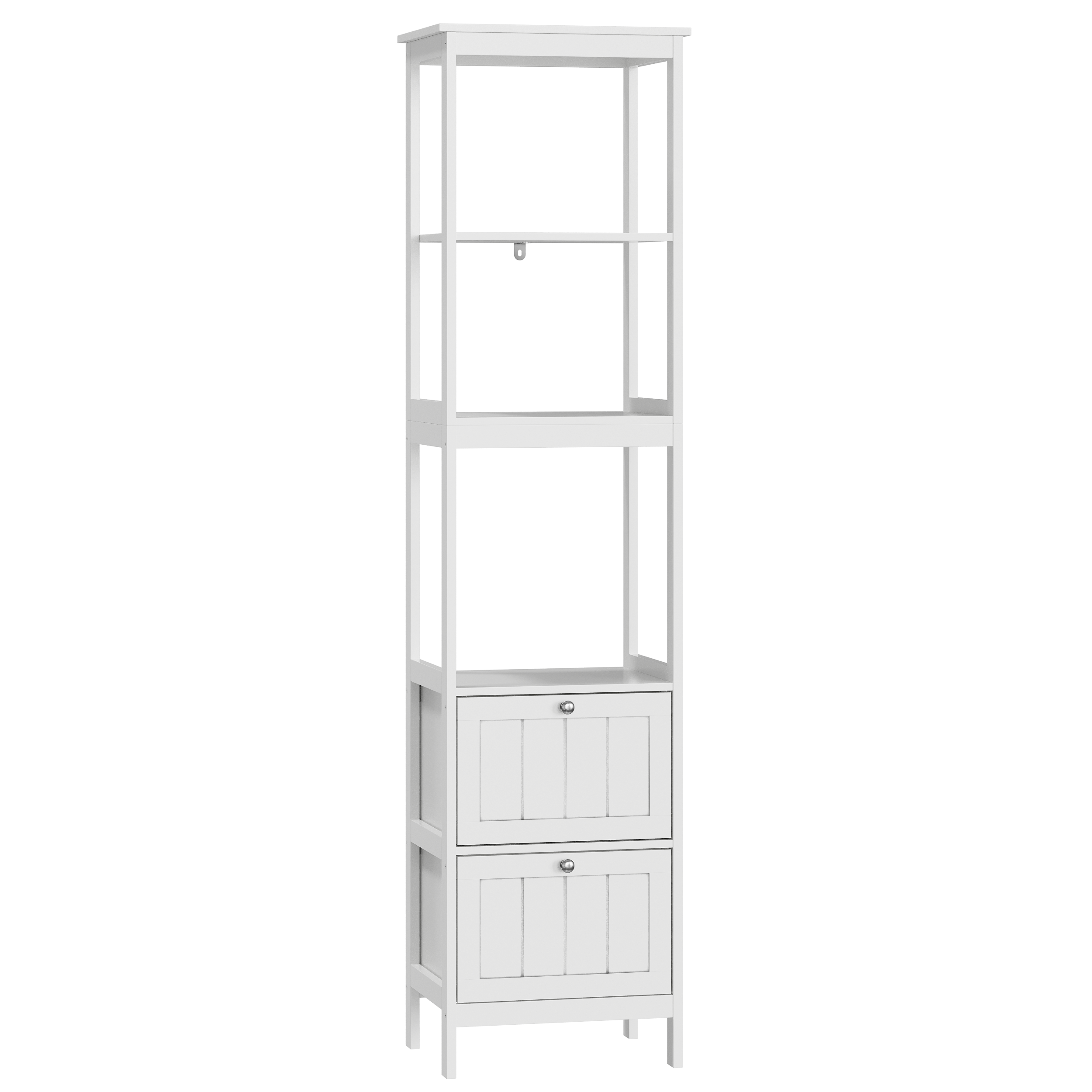Narrow Tall Cabinet, Bathroom Freestanding with 2 Drawers & 3 Shelves, Wooden White