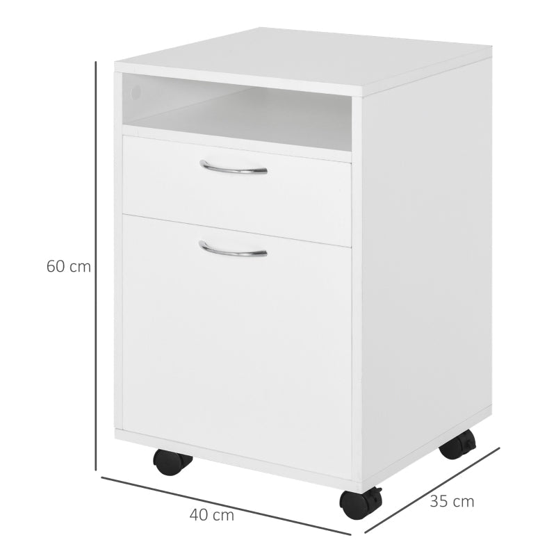 60cm Filing Cabinet with Drawer, Open Shelf, and Wheels, White Engineered Wood