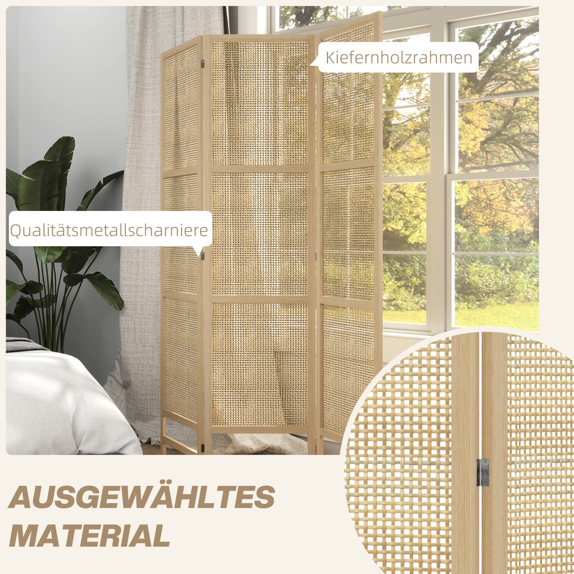 Folding Screen 3-Part Room Divider PP Rattan, Natural