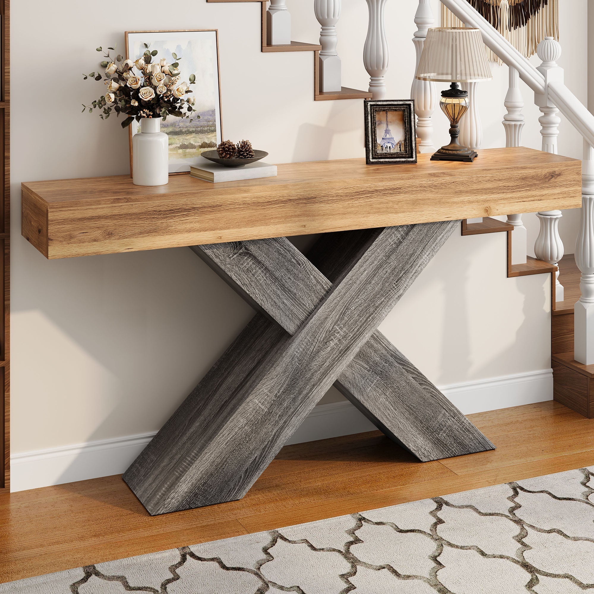 Console Table with X-shaped Legs, Narrow Design for Hallway and Living Room, Wood Look Chipboard
