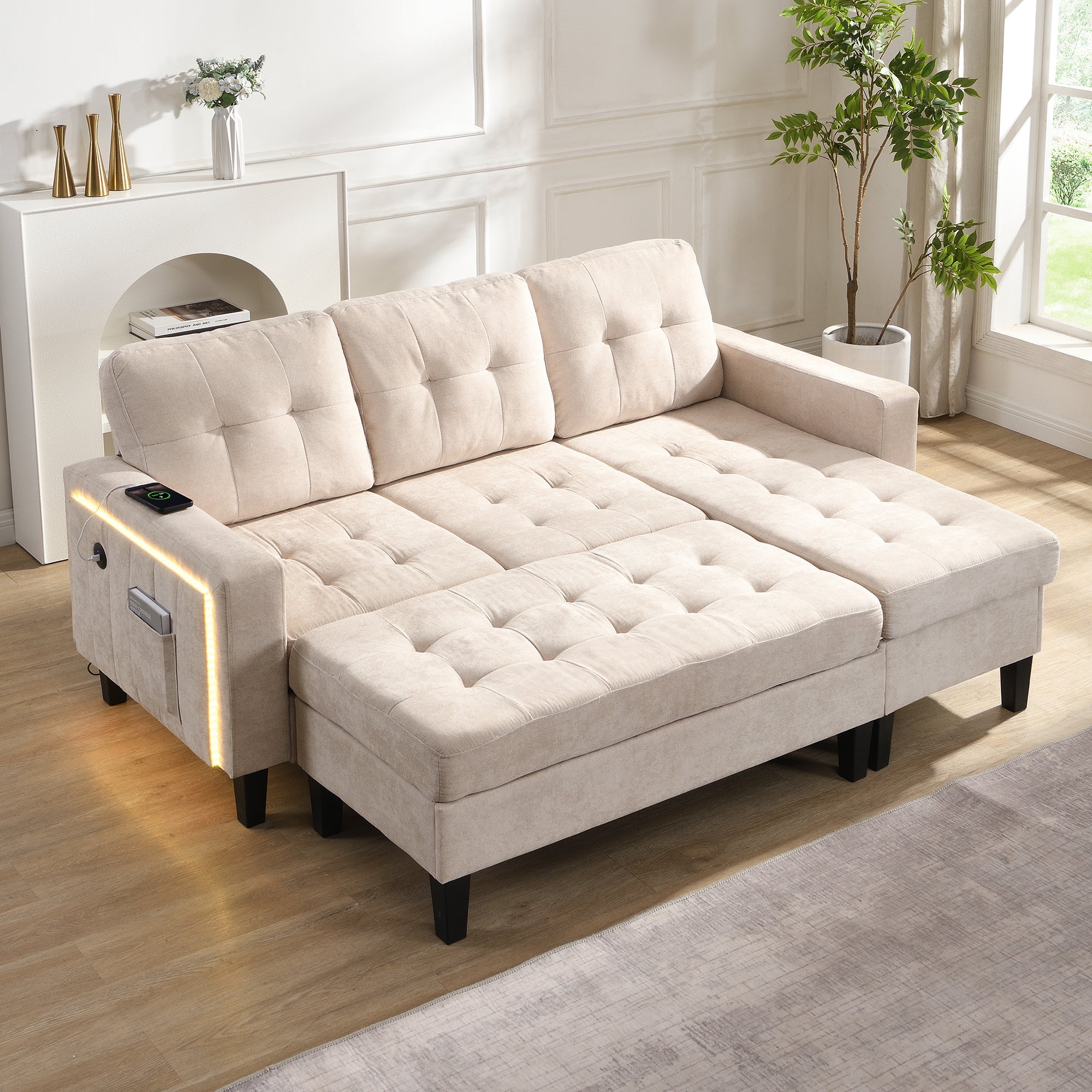 Sofa Set, L-Shaped Modular with Movable Footstool & LED Lighting