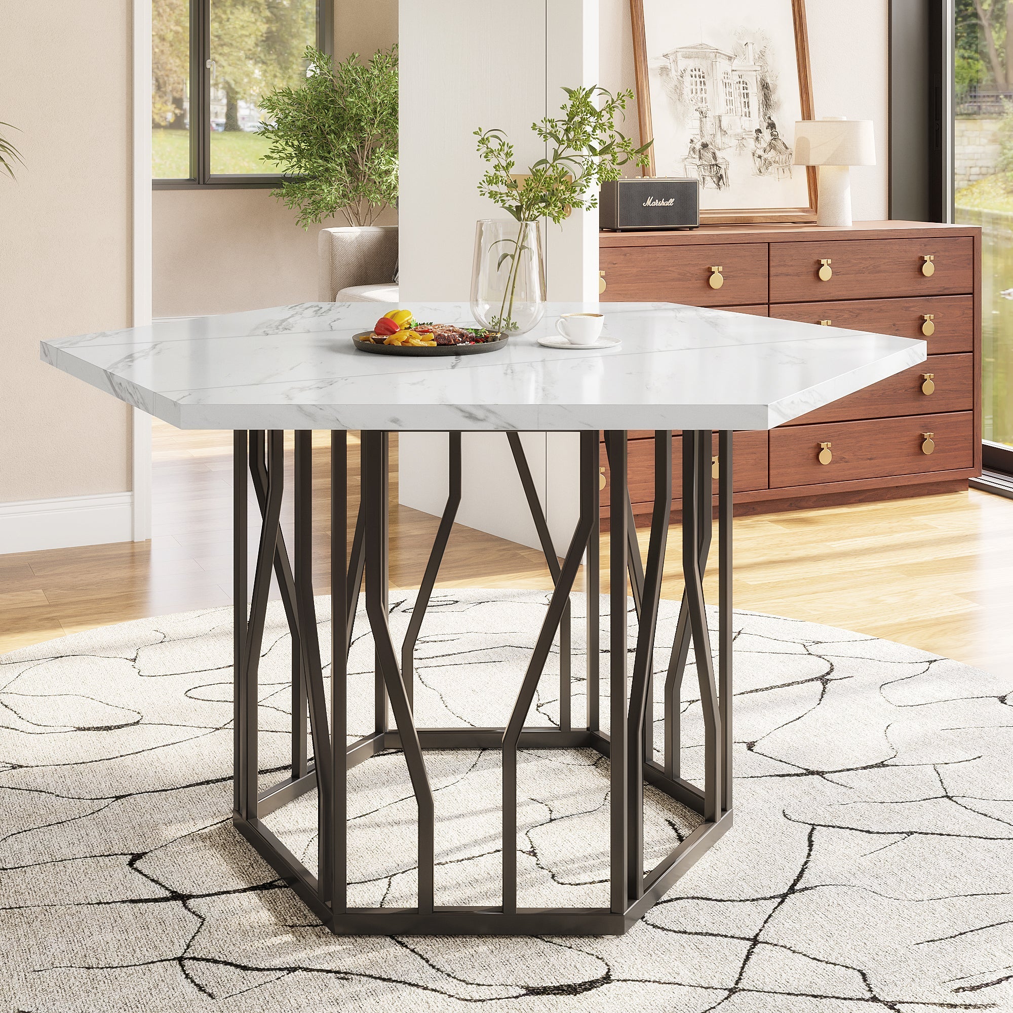 Hexagonal Dining Table Modern Marble Coffee Table Black Metal Base