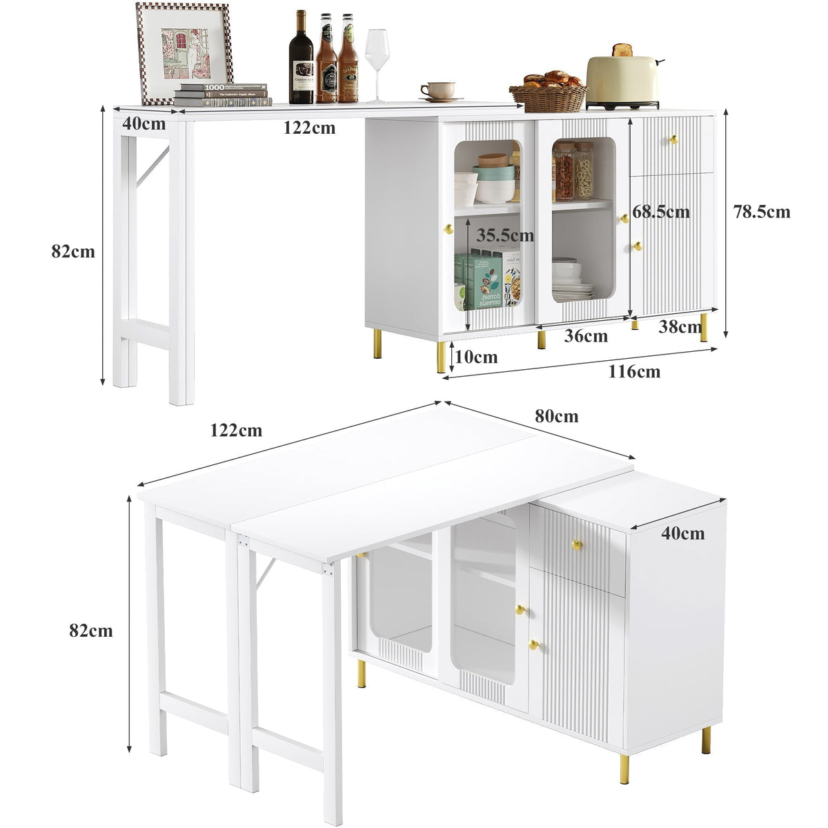 Buffet Sideboard Folding Extendable Top Rotating Glass Wave Doors - White
