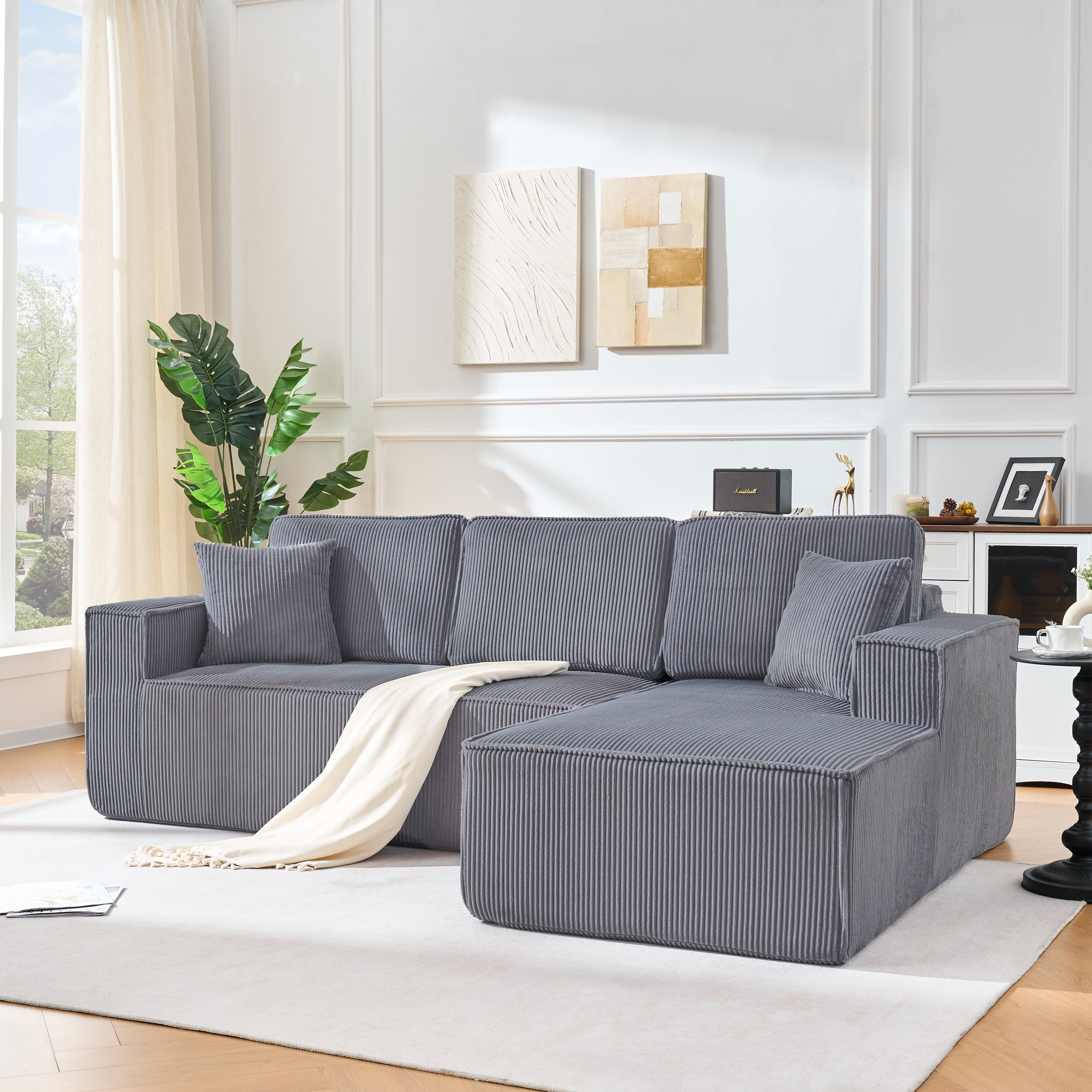 Modular L-Shaped Sofa with Chaise Longue and High-Density Foam, Gray Corduroy