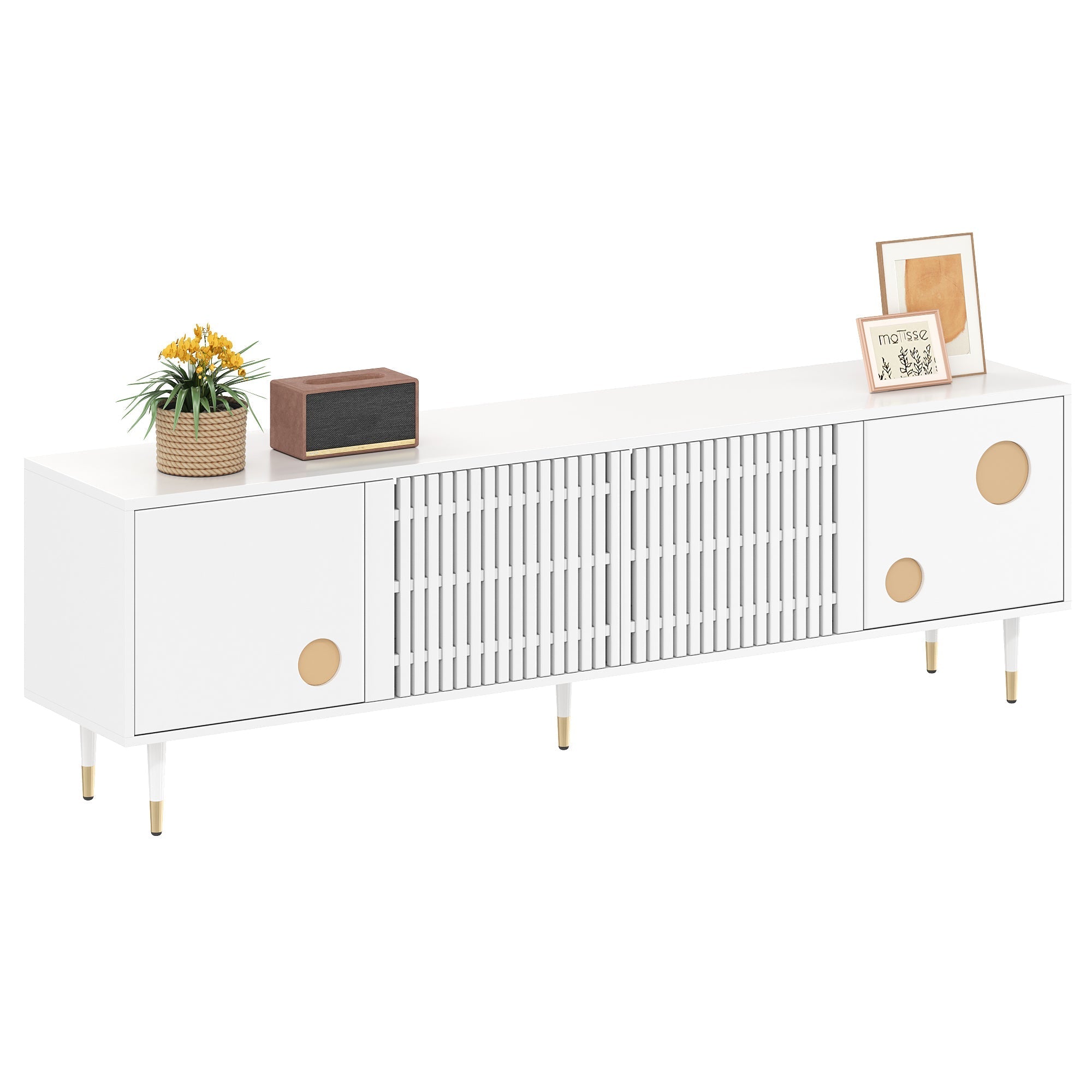 TV Cabinet, Lattice & Hidden Handles, Solid Wood Doors, Gold Decor