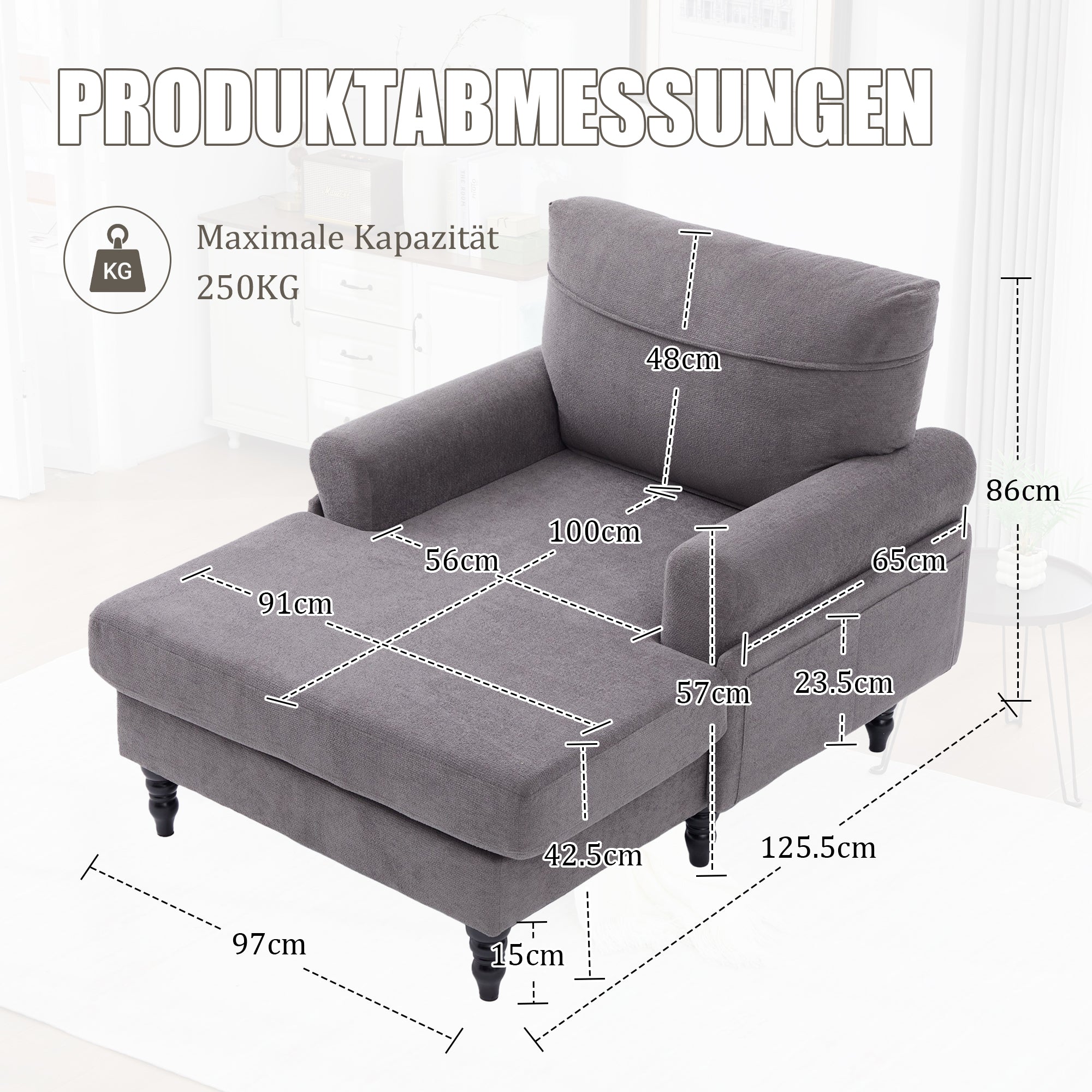 Modern Minimalist Lounger Single Sofa with Wooden Legs and Side Pockets, Chenille Fabric