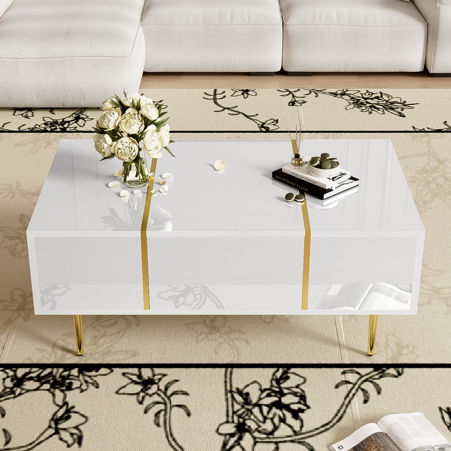 White Coffee Table, High Gloss Modern with 2 Drawers