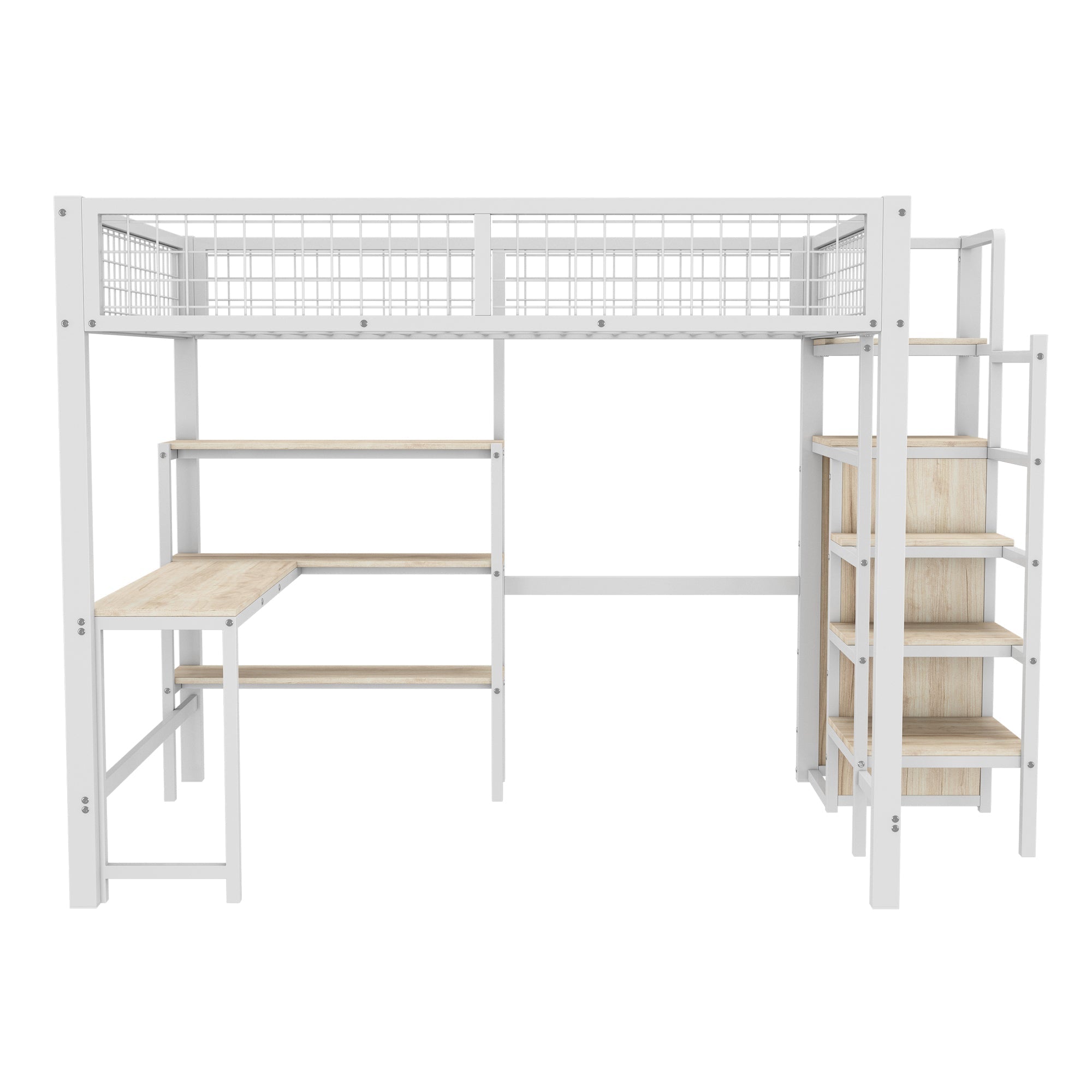 Loft Bed 140x200cm Iron Frame with Storage Ladder Shelves Wardrobe Desk White