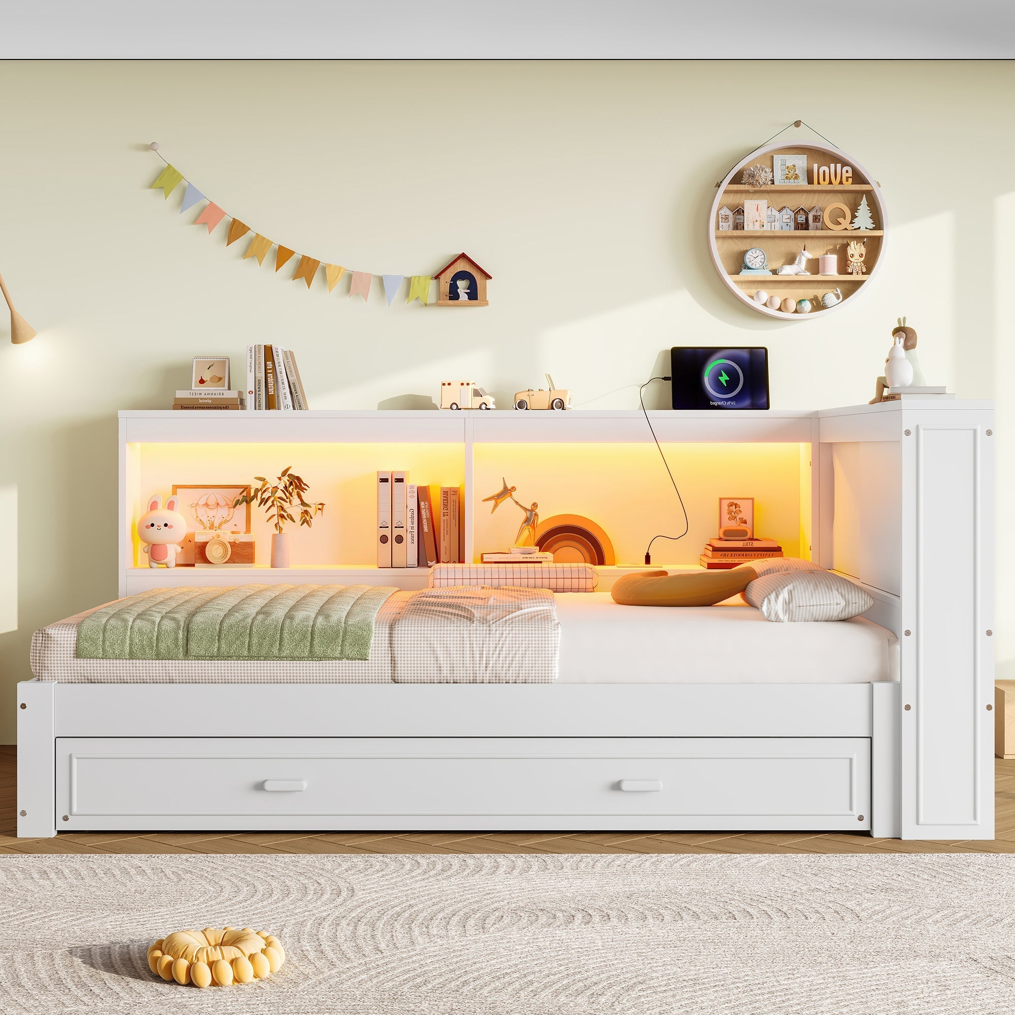 Daybed Sofa Bed, 90x200cm Pull-out LED/USB/Type-C Port, White