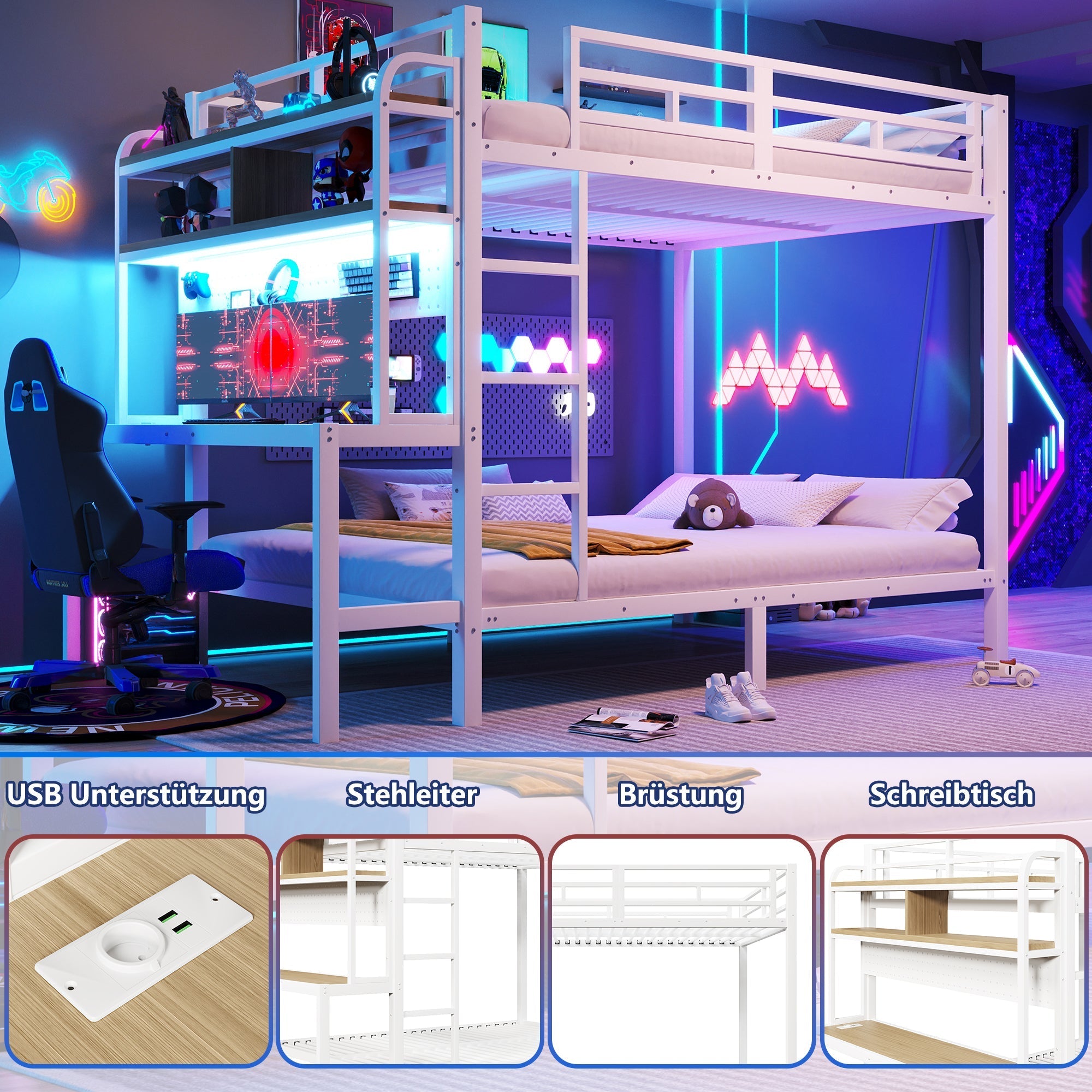 Bunk Bed 140x200cm Iron Frame Desk Storage LED Light USB White