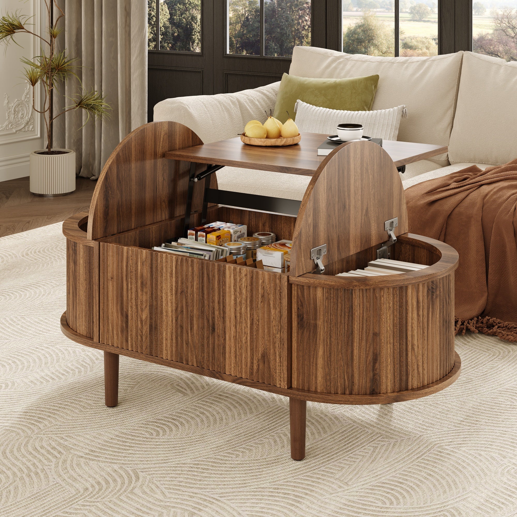 Oval Coffee Table with Adjustable Storage and Vintage Style, Solid Wood Legs