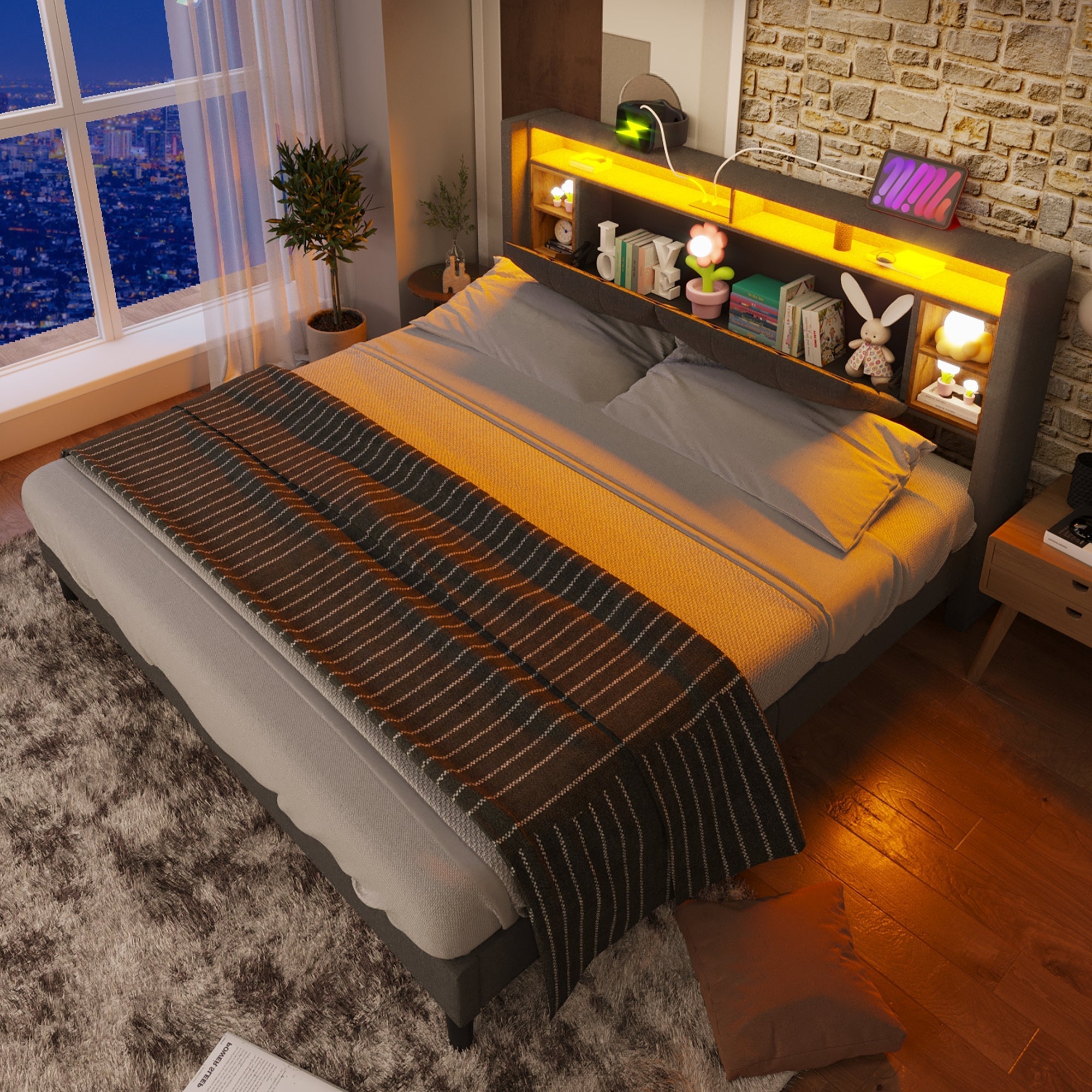 Upholstered Double Bed with Storage Headboard, USB & LED, Wooden Slats, Grey