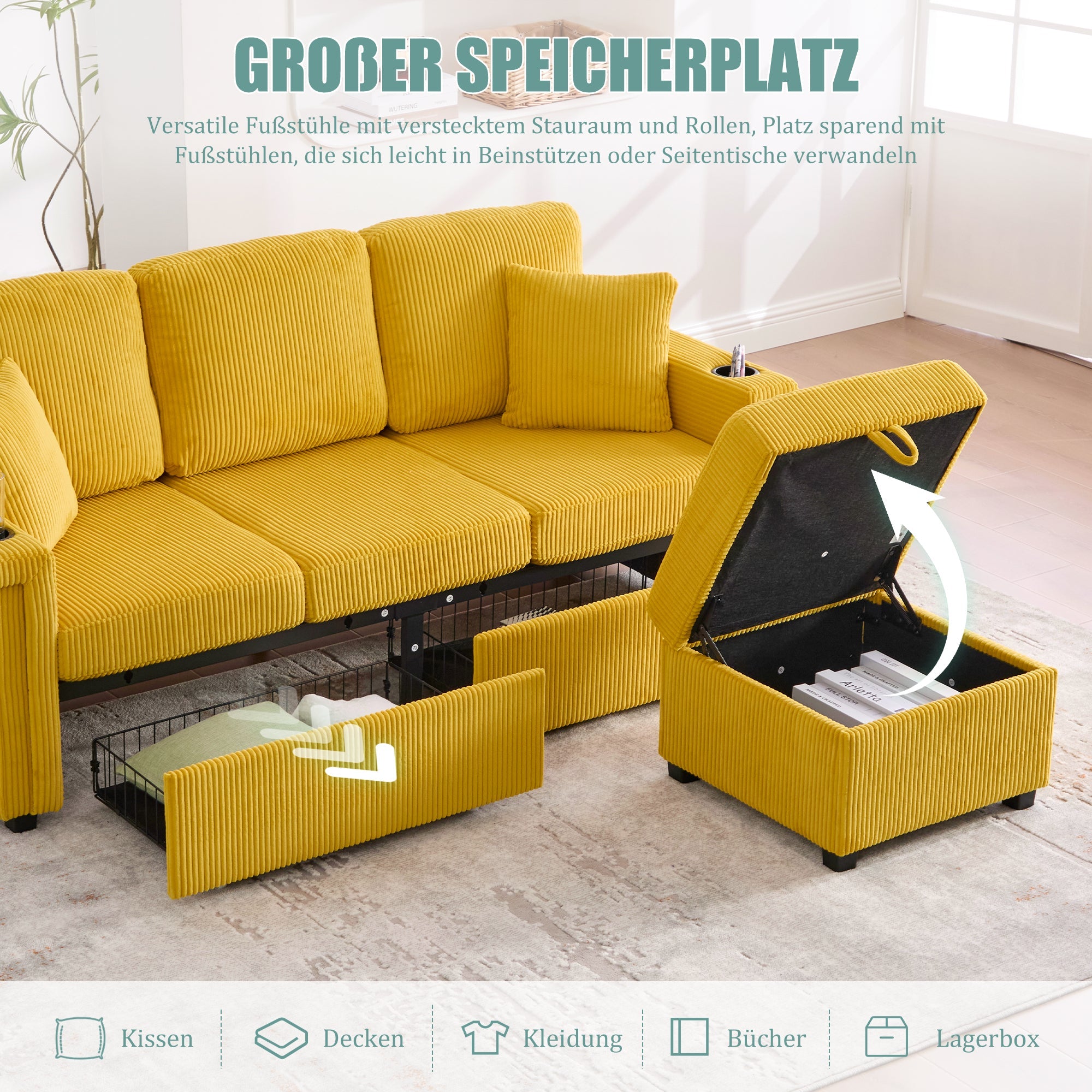 Velvet Sofa, LED Lighting, USB-C Port, Storage Footrest, Cup Holders, Side Pockets, Mustard Yellow