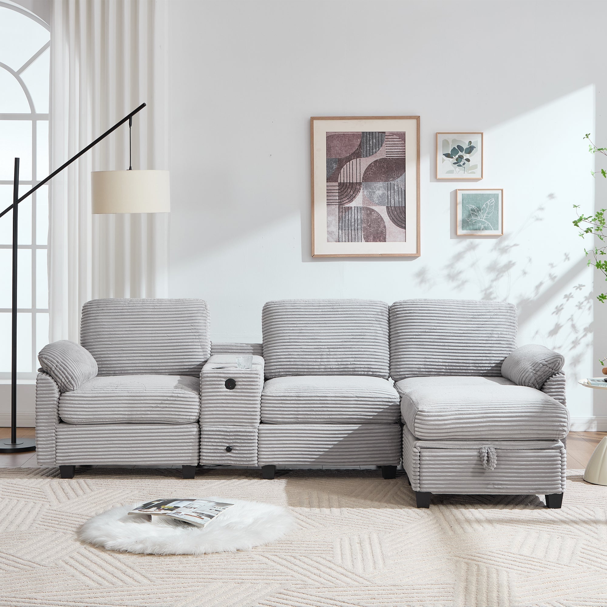 Corduroy Sofa Large Comfort Foam Console USB-C Storage Drawer Ottoman