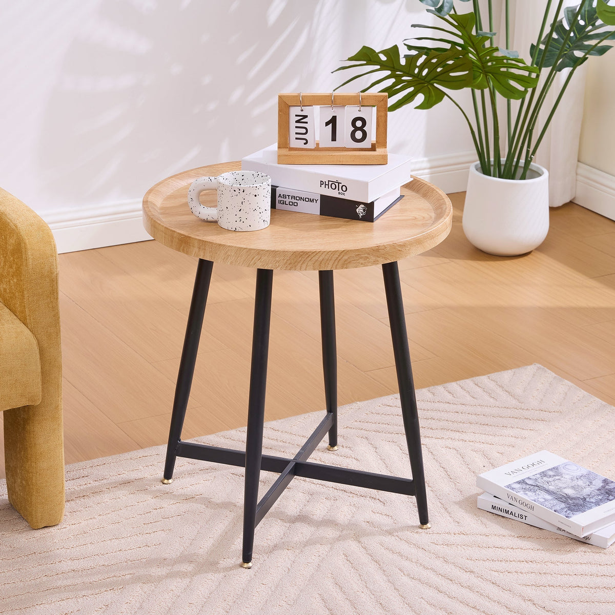 Round Side Table Modern Minimalist Compact - Wood/Metal Frame