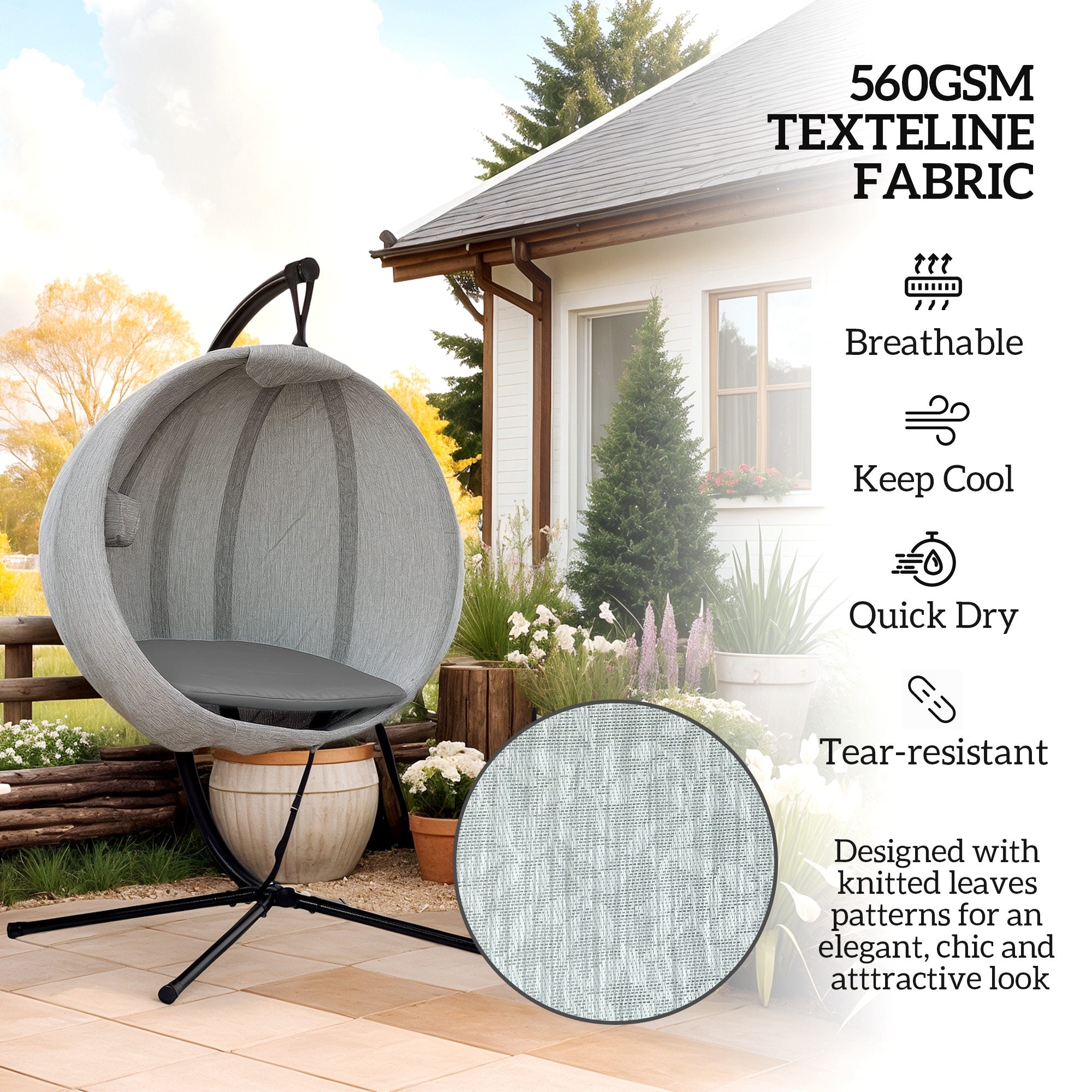 Hanging Egg Chair with Stand, Folding Basket & Cup Holder, Grey