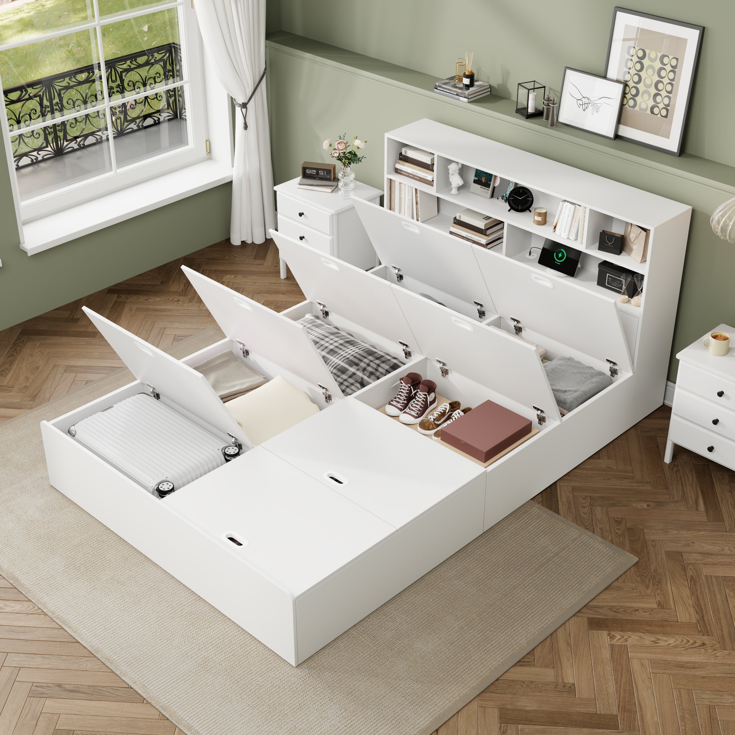 Double Storage Bed 140x200cm Solid Wood with USB Port & Under Bed Storage White