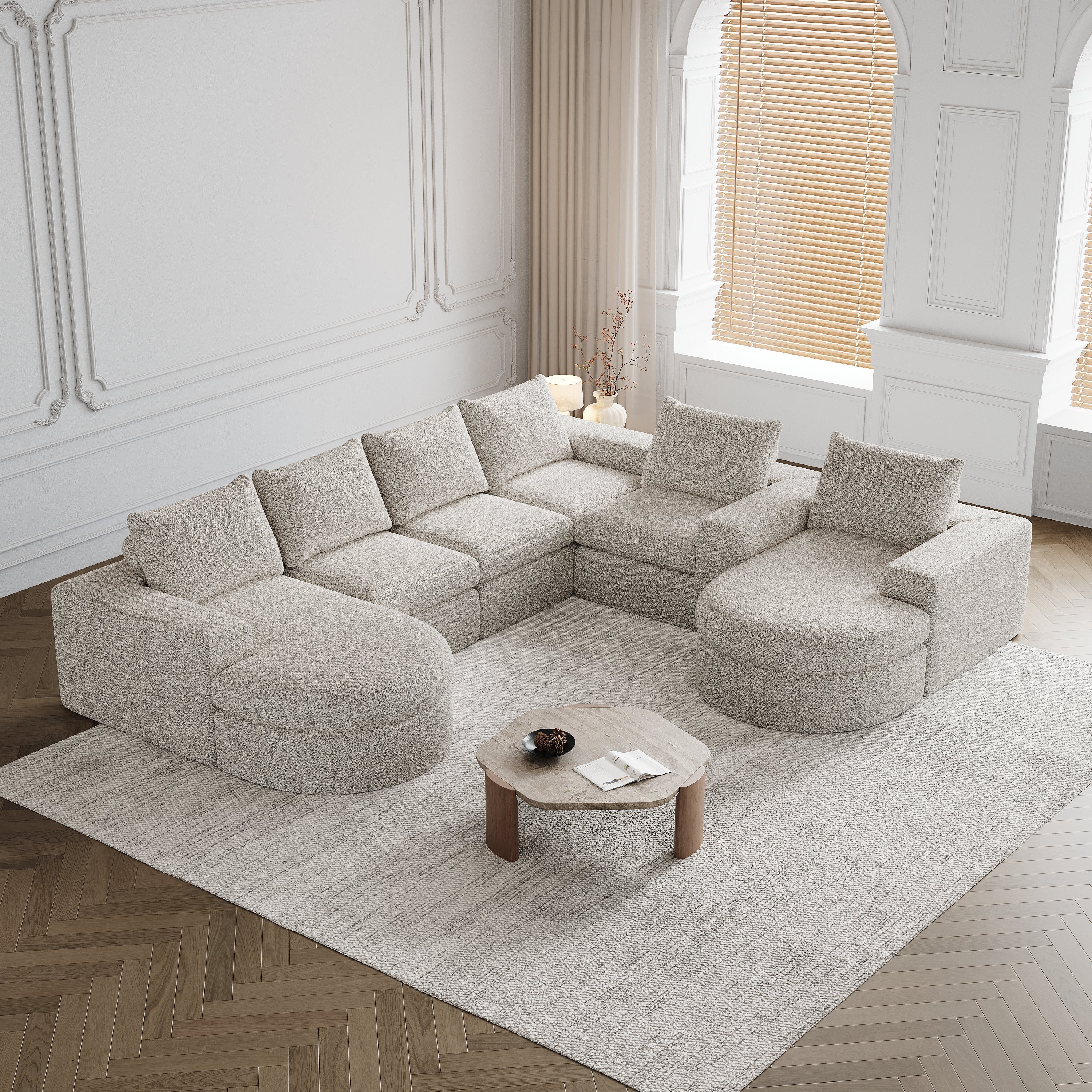 Chenille Curved Sofa with Recliner, Modular L-shaped, Two-Piece Set