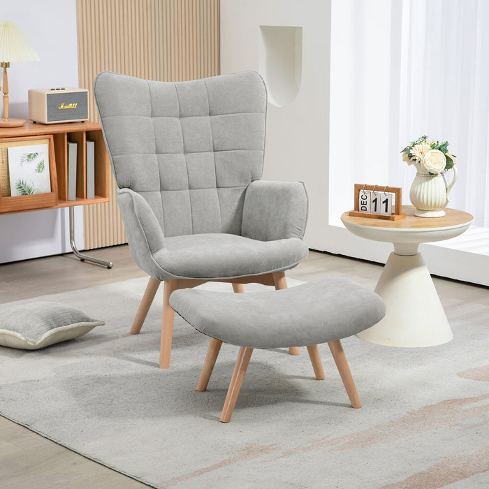 Wingback Chair with Footstool, Upholstered Relaxing Chair, Grey Corduroy