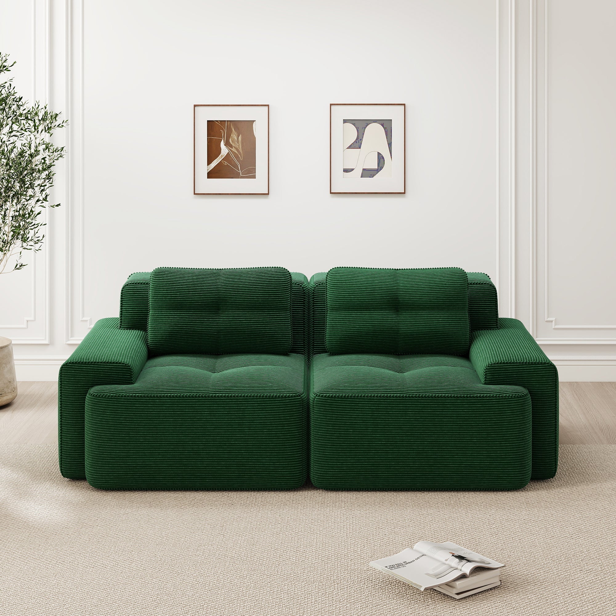 Boneless Modular Sofa Deep Seat Sleeper - Green Corduroy