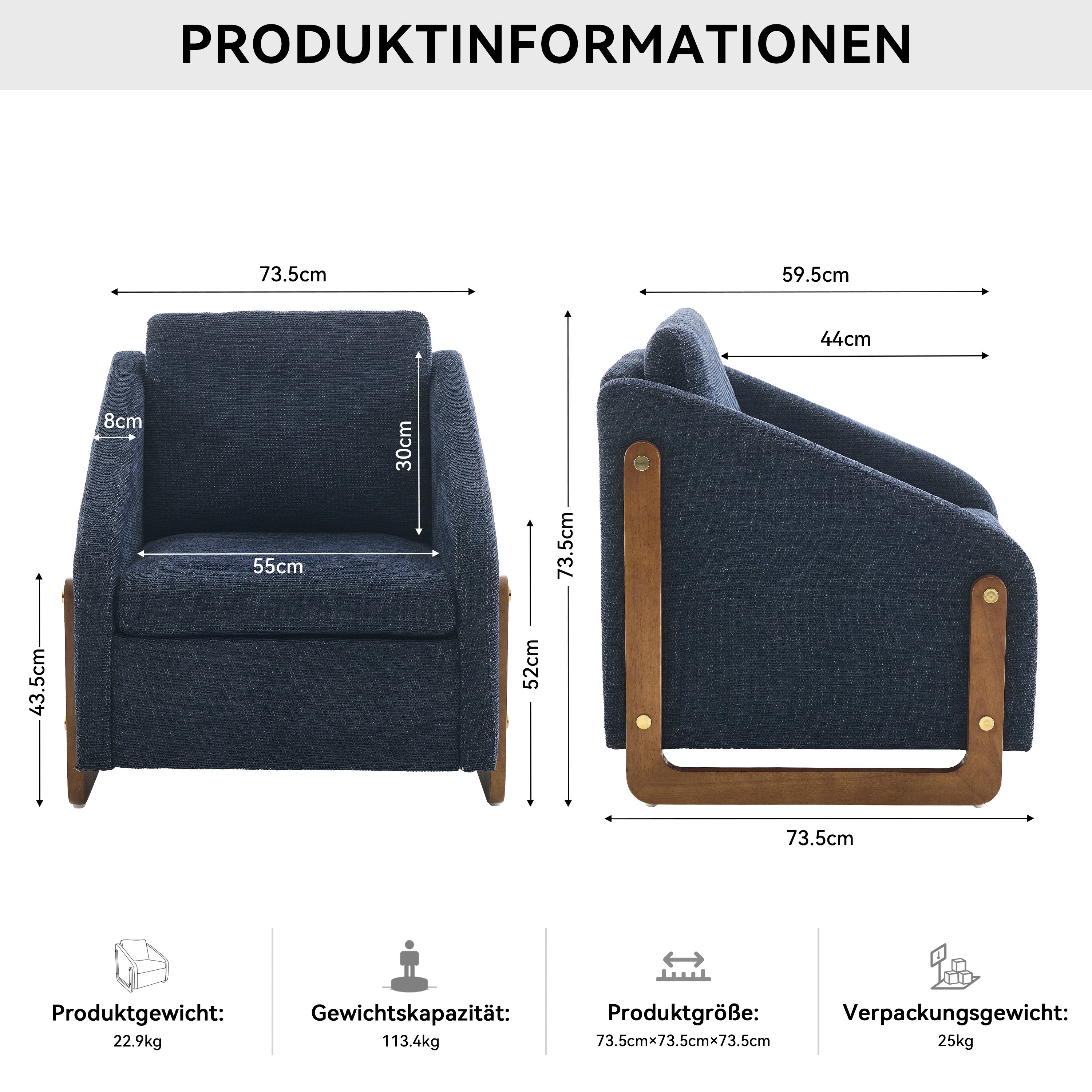 057 Armchair, Modern Lounge Chair with Wooden Armrests, Blue Chenille Fabric