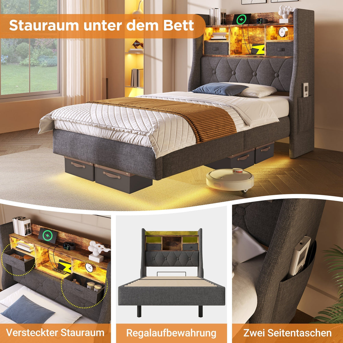 Upholstered Bed 140x200cm Floating LED Charging Station Storage Headboard Linen, Grey