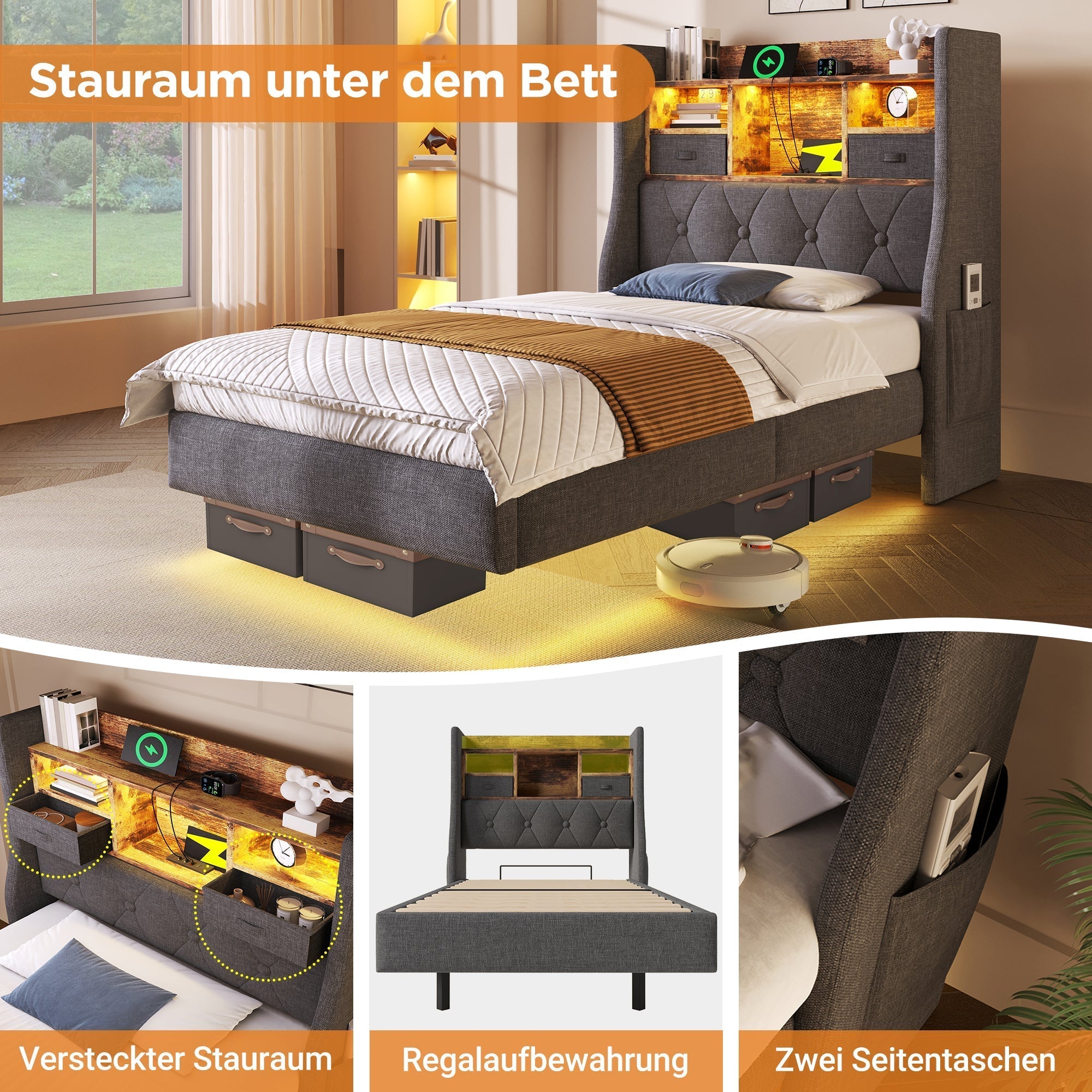 Upholstered Floating Bed 90x200cm LED/USB Charging Storage Headboard, Linen Grey