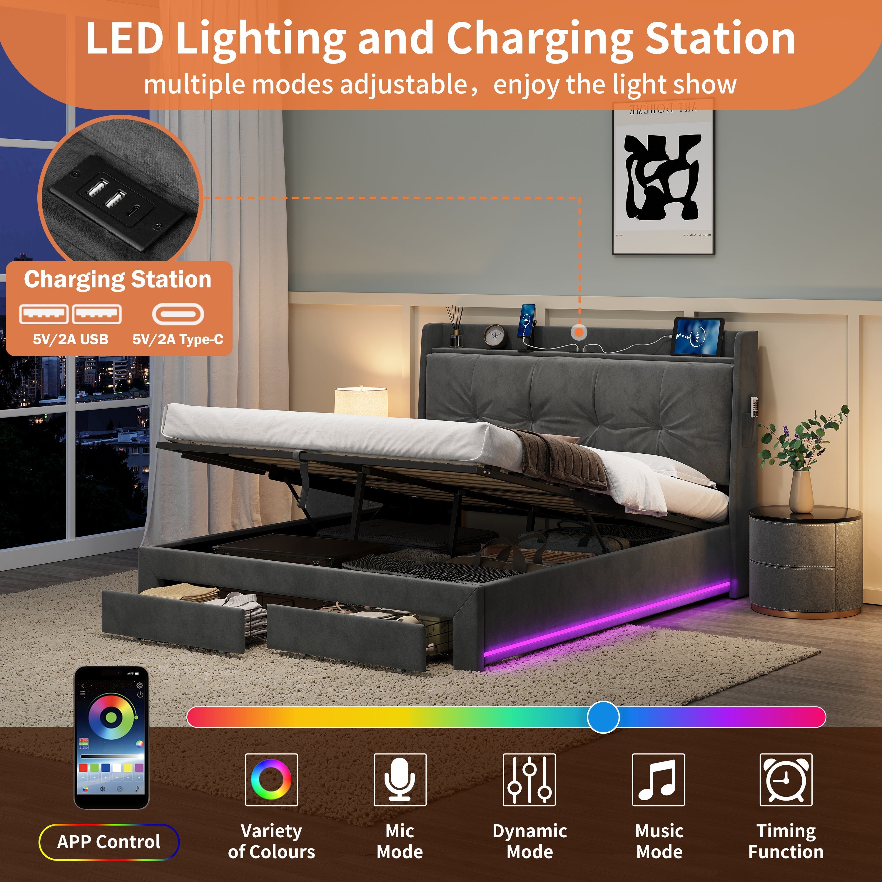 Double Upholstered Bed Frame with Hydraulic Storage, Charging Station, and RGB LED Lighting, Grey Velvet