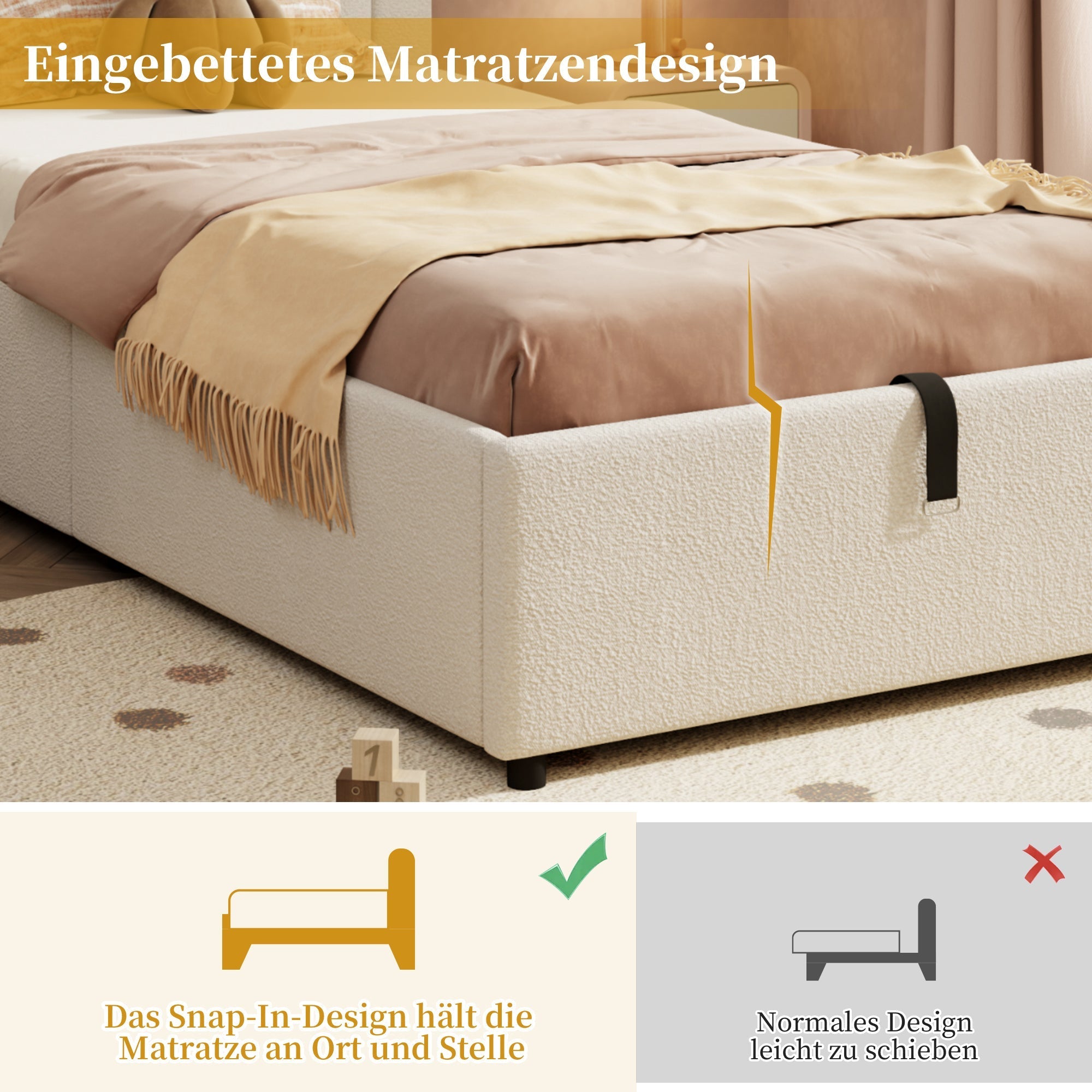Upholstered Single Bed 90x200 with Slatted Base and Headboard, Beige Bouclé