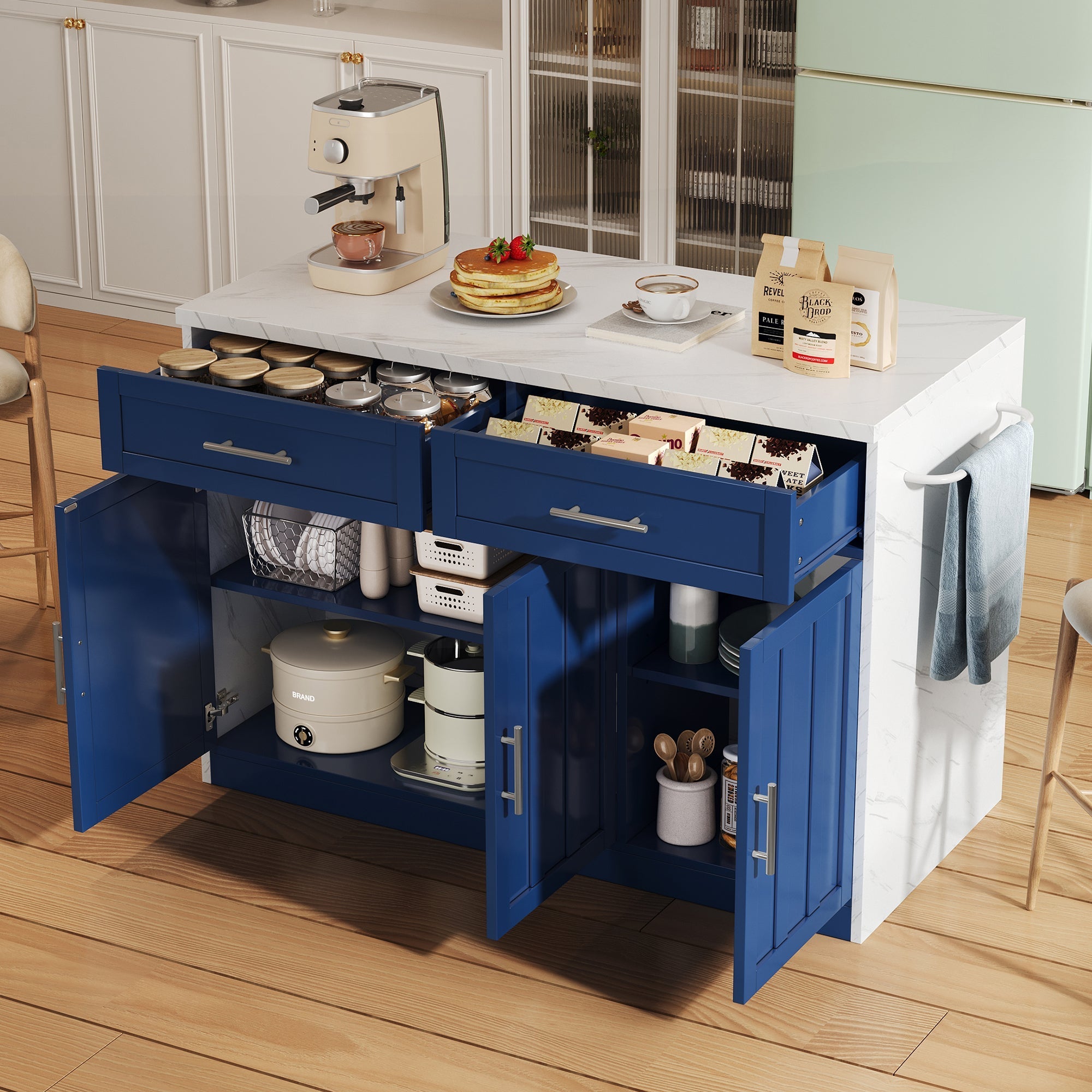 Kitchen Island with Power Outlets and Adjustable Shelves, Wood Look