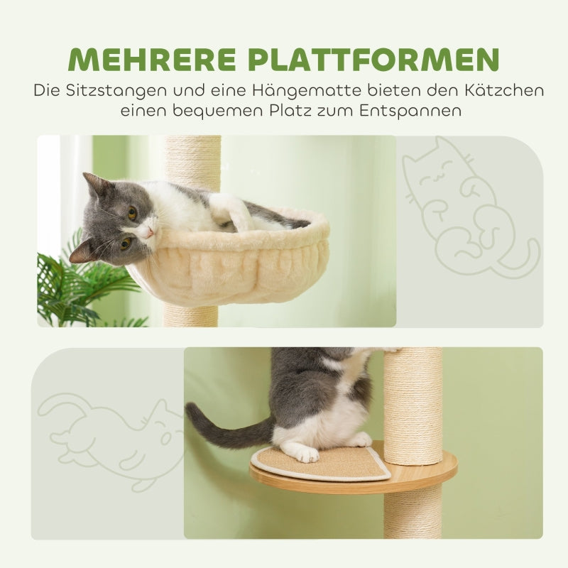 Katzenbaum, deckenhohe Sisalseile, Holzwerkstoff, Eiche+Cremeweiß
