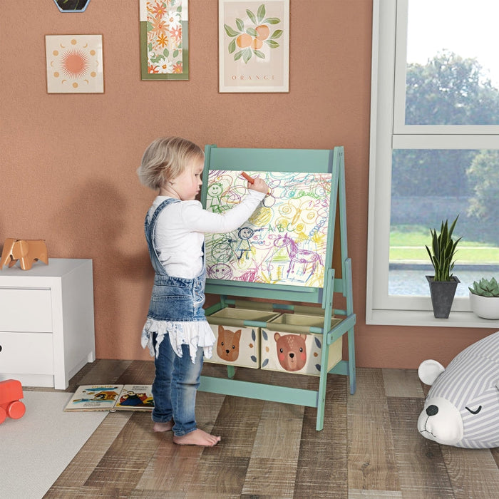 3-in-1 Children's Easel with Paper Roll, Chalkboard, Whiteboard, Storage Baskets, Green