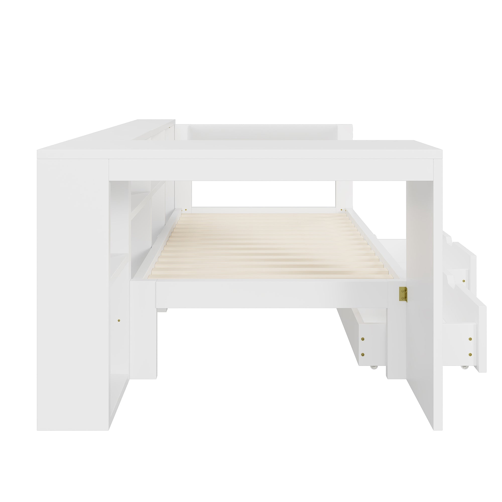 Platform Bed 90x200 Storage Drawers Shelves Upholstered Headboard LED - White