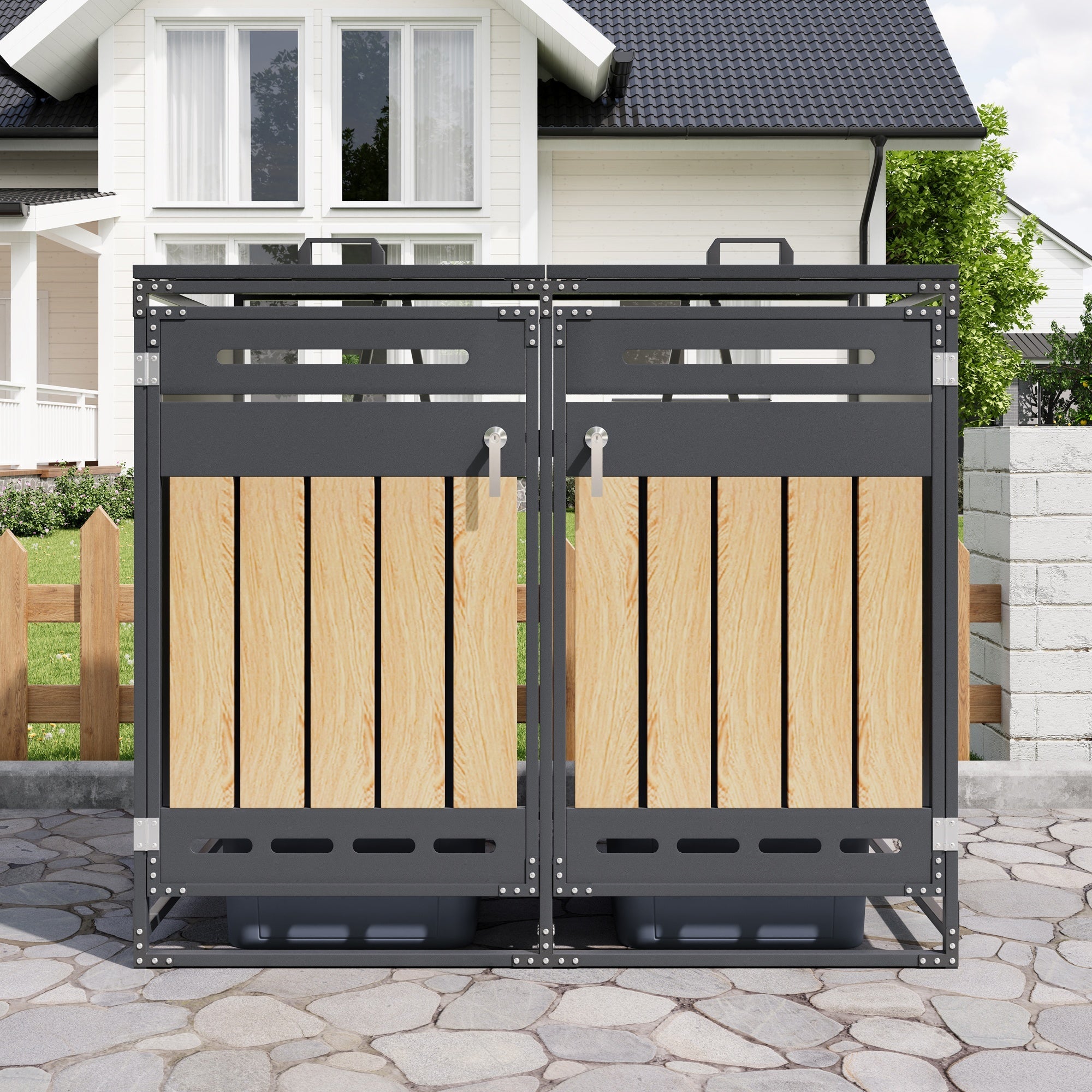 Bin Storage Unit with Hydraulic Lid, Slotted Ventilation and Lock, Iron Wood-Look Cladding