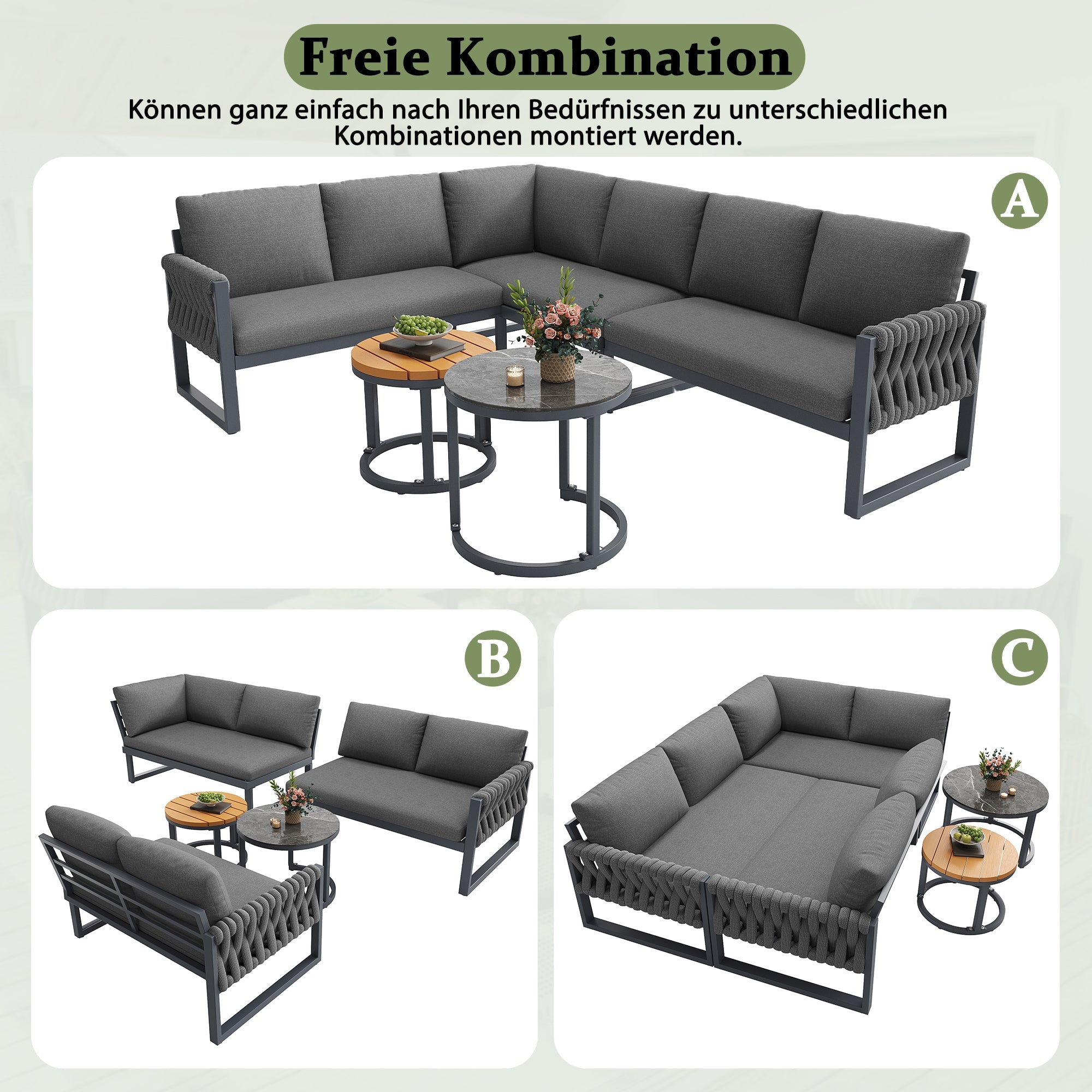 Garden Lounge Set Modular 5-6 Seater Adjustable Legs - Grey