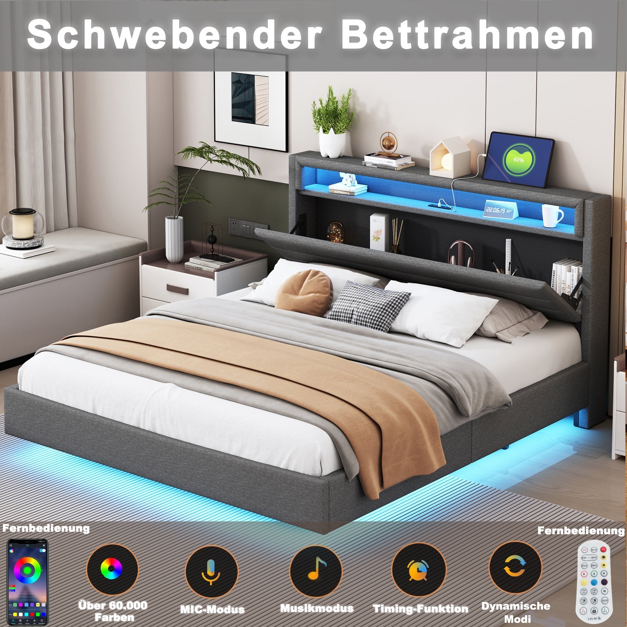 Upholstered Bed, 160x200 cm with USB & LED, Reversible Headboard, Grey Linen