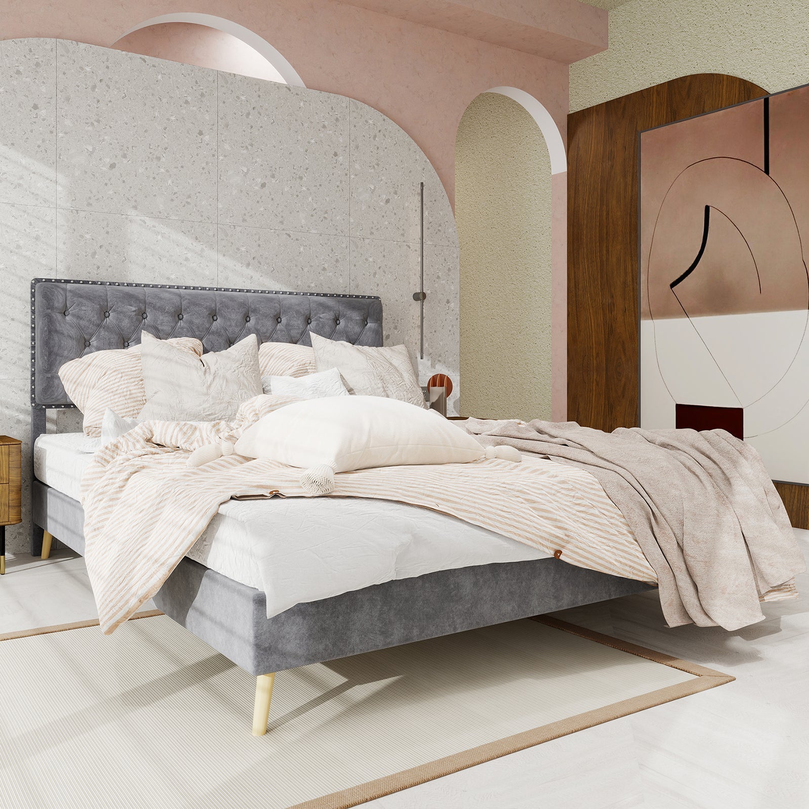 Soft Bed, Modern Minimalist Headboard 140x200CM, Gray