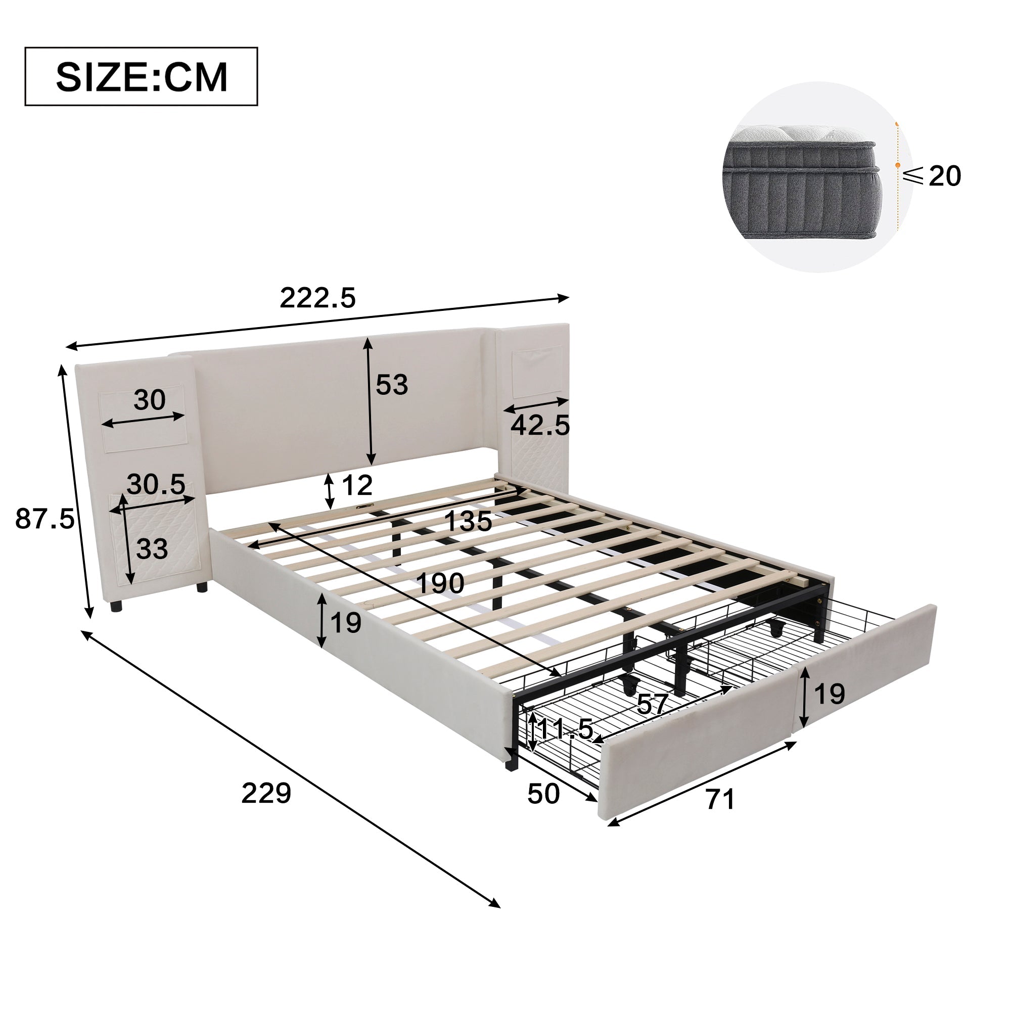 Upholstered Bed 4ft6 Double 135x190cm with Storage Pockets & Drawers, Beige Velvet